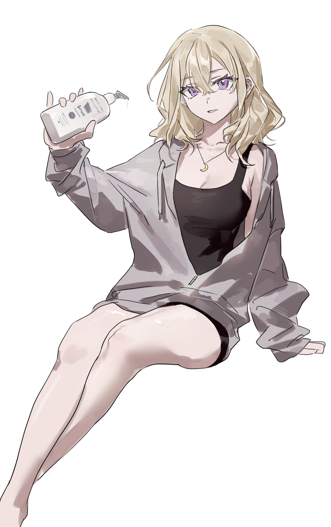 lu bian de yecao zai changge, misumi uika, bang dream!, bang dream! it's mygo!!!!!, chinese commentary, commentary request, highres, 1girl, black tank top, blonde hair, breasts, cleavage, grey jacket, hair between eyes, invisible chair, jacket, jewelry, large breasts, lotion bottle, medium hair, necklace, open clothes, open jacket, open mouth, purple eyes, simple background, sitting, solo, tank top, white background