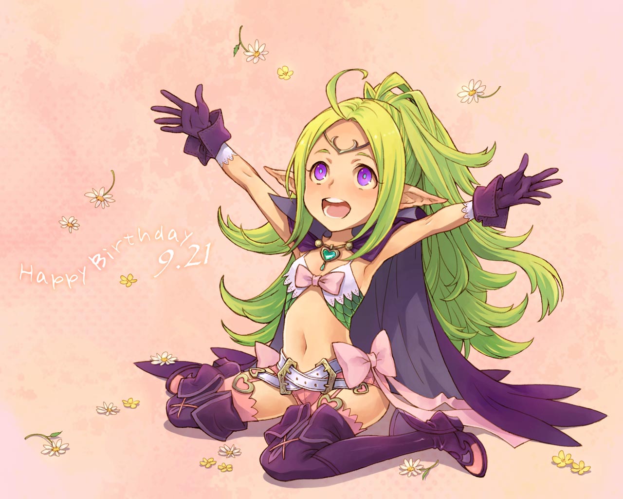 saikachi (ogre tree), nowi (fire emblem), fire emblem, fire emblem awakening, nintendo, commentary request, 1girl, ahoge, arms up, blue pupils, boots, bow, breasts, cape, chest bow, circlet, cleavage, flower, fold-over boots, garter straps, gloves, green hair, happy birthday, heart, long hair, looking up, micro shorts, navel, open mouth, parted bangs, pink bow, pink garter straps, pink shorts, pink thighhighs, pointy ears, ponytail, purple boots, purple eyes, purple gloves, shadow, shorts, sitting, small breasts, solo, teeth, thigh boots, thighhighs, white flower, yellow flower