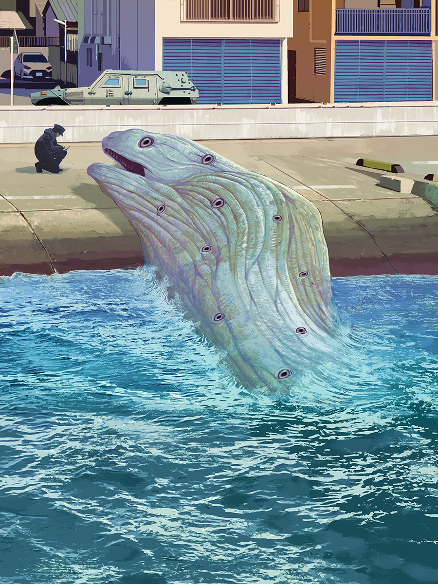 toy(e), original, commentary request, highres, 1boy, animal, animal focus, beached, day, fish, monster, moray eel, ocean, outdoors, water, wide shot