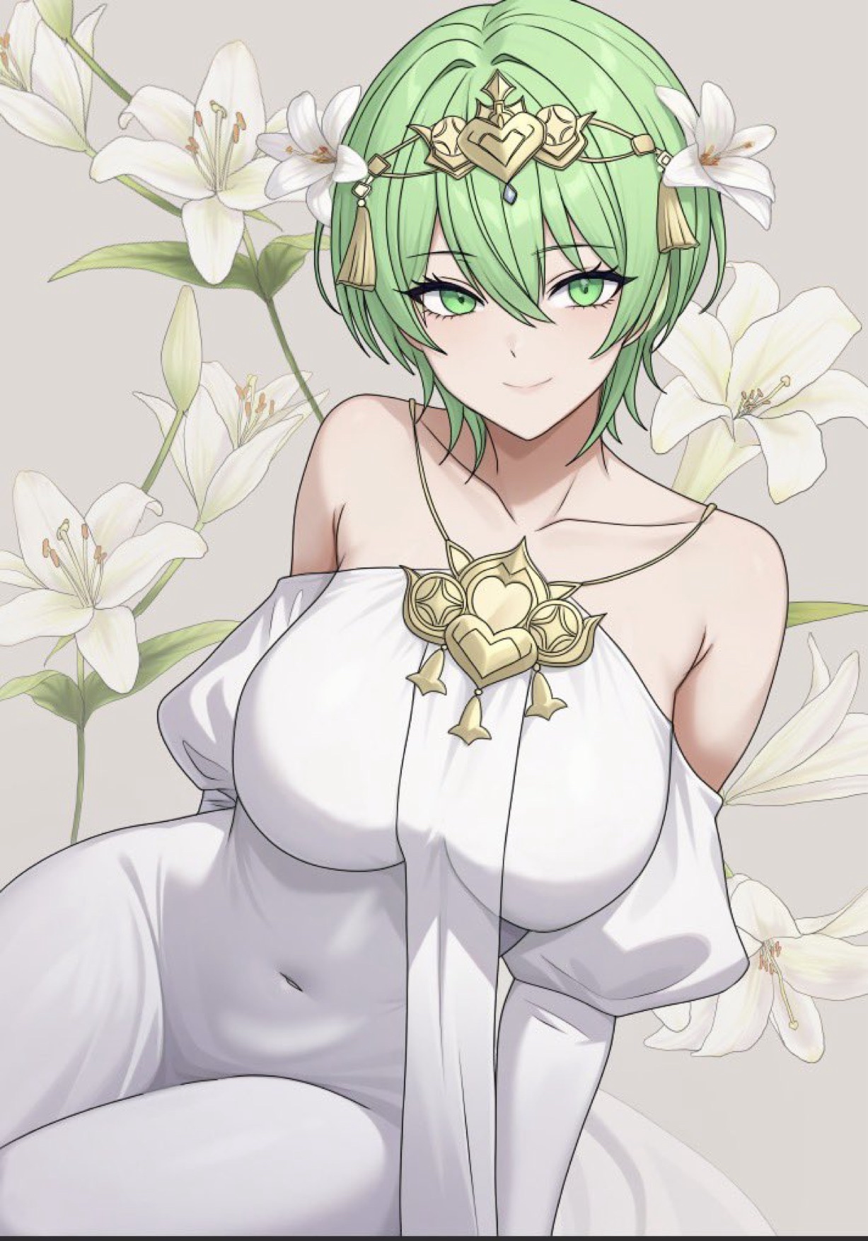 ootuk, male byleth (awakened) (fire emblem), male byleth (fire emblem), rhea (fire emblem), fire emblem, fire emblem: three houses, nintendo, commentary request, highres, 1girl, breasts, closed mouth, collarbone, cosplay, covered navel, dress, flower, genderswap, genderswap (mtf), green eyes, green hair, hair flower, hair ornament, large breasts, long sleeves, off-shoulder dress, off shoulder, official alternate eye color, official alternate hair color, puffy long sleeves, puffy sleeves, rhea (fire emblem) (cosplay), short hair, sitting, smile, solo, tiara