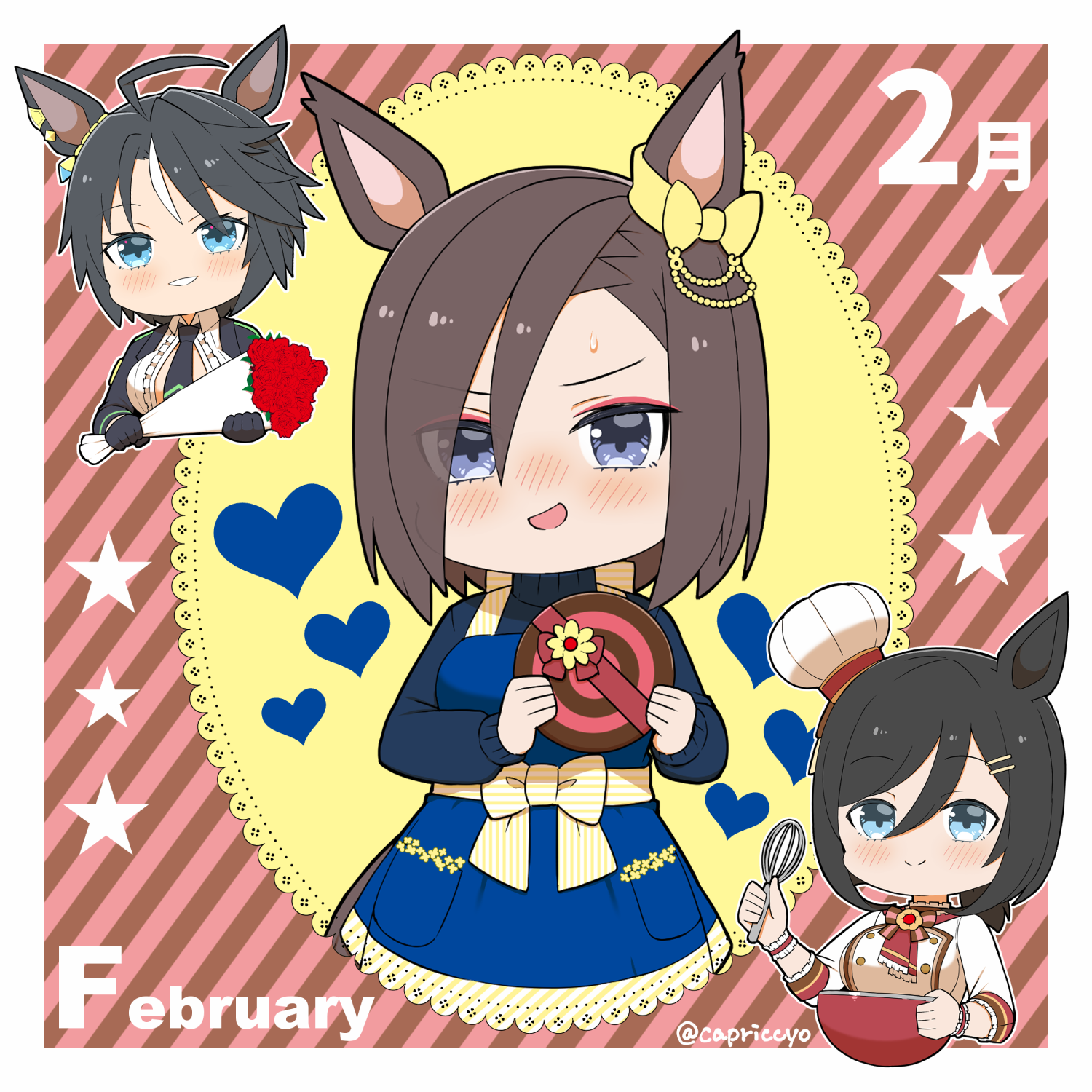 capriccyo, air groove (umamusume), eishin flash (collect chocolatier) (umamusume), eishin flash (umamusume), fuji kiseki (shooting star revue) (umamusume), fuji kiseki (umamusume), umamusume, commentary request, highres, 3girls, ahoge, animal ears, apron, black hair, black jacket, black necktie, blue apron, blue eyes, blue sweater, blush, bouquet, breasts, brown hair, center frills, chef hat, diagonal-striped background, flower, frills, hair between eyes, hair ornament, hairclip, hat, holding, holding bouquet, horse ears, horse girl, horse tail, jacket, large breasts, long sleeves, mini hat, mixing bowl, multicolored hair, multiple girls, necktie, nose blush, puffy long sleeves, puffy sleeves, shirt, star (symbol), streaked hair, striped background, sweater, tail, tilted headwear, turtleneck, turtleneck sweater, whisk, white hair, white hat, white shirt