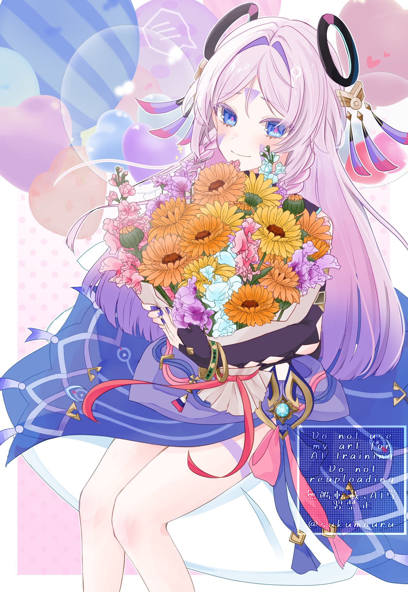 citlali (genshin impact), genshin impact, commentary request, highres, 1girl, blue eyes, bouquet, braid, facial mark, feet out of frame, floating headgear, flower, forehead mark, headgear, holding, holding bouquet, long hair, looking at viewer, nail polish, parted bangs, pink hair, pink pupils, purple nails, ring hair ornament, side braids, smile, solo, sukumo uru, thigh marking, triangle, triangle facial mark, vision (genshin impact), watermark