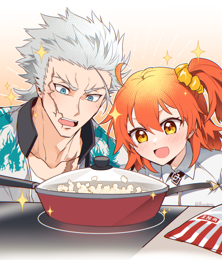 0nodera, fujimaru ritsuka (female), nagakura shinpachi (fate), fate/grand order, fate (series), commentary request, 1boy, 1girl, ahoge, blue eyes, blush, eyelashes, food, forked eyebrows, grey hair, hair ornament, hair scrunchie, happy, open mouth, popcorn, scar, scar on chest, scar on face, scrunchie, short hair, stove