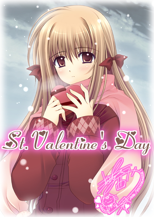 nishimata aoi, brown eyes, brown hair, hair ribbon, long hair, ribbon, solo, valentine