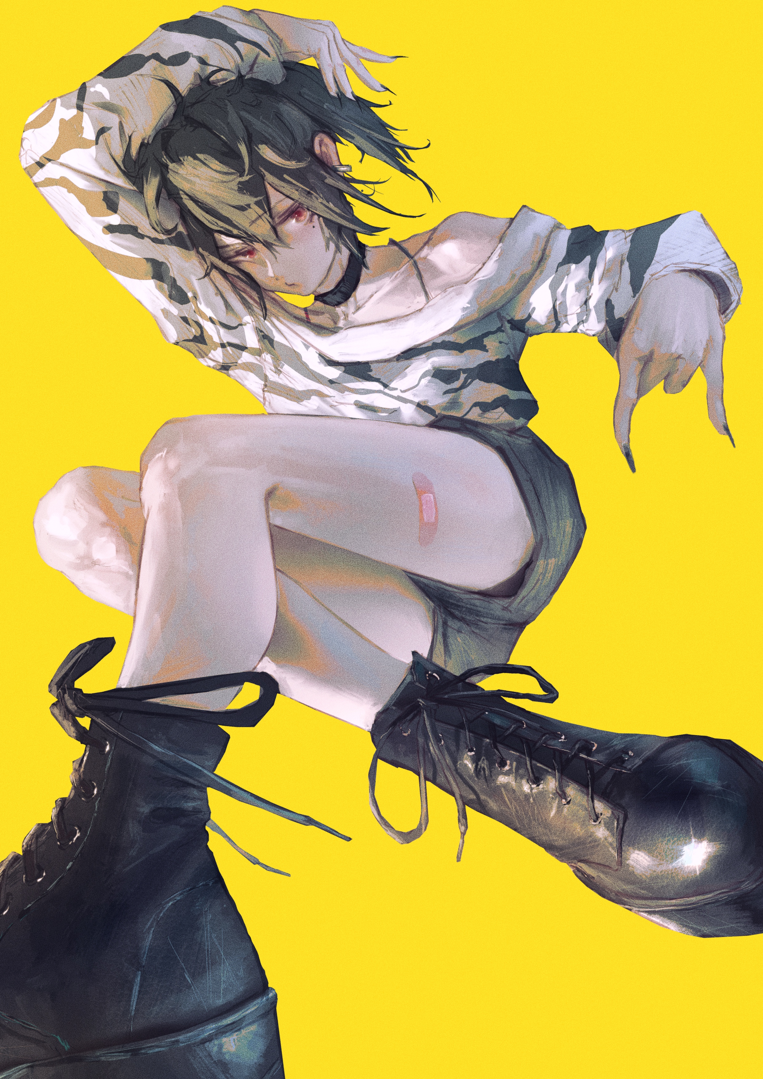 neg (101neg), original, absurdres, commentary request, highres, 1girl, m/, bandaid, bandaid on leg, black boots, black nails, boots, bra strap, choker, collarbone, crossed legs, ear piercing, earrings, fingernails, green hair, hair between eyes, hand on own head, impasto, jewelry, long fingernails, looking at viewer, messy hair, mole, mole under eye, off-shoulder sweater, off shoulder, painterly, piercing, platform boots, ponytail, red eyes, short shorts, shorts, sitting, striped clothes, striped sweater, sweater, yellow background