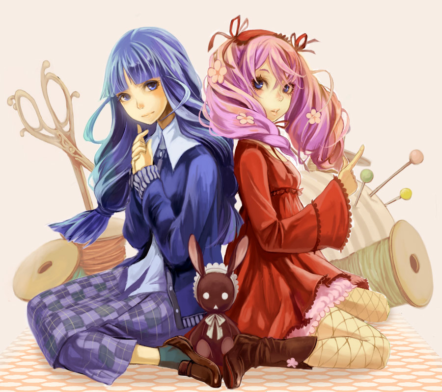 routemoc, kotomi (bokujou monogatari), roomi (bokujou monogatari), harvest moon, harvest moon animal parade, harvest moon tree of tranquility, bad id, bad pixiv id, 2girls, blue eyes, blue hair, boots, braid, cardigan, clothes pin, dress, drill hair, fashion, fishnet pantyhose, fishnets, flower, hair flower, hair ornament, loafers, lolita fashion, multiple girls, needle, pantyhose, pin, pincushion, pink hair, plaid clothes, plaid skirt, rabbit, scissors, shoes, siblings, sisters, sitting, skirt, socks, spool, thread