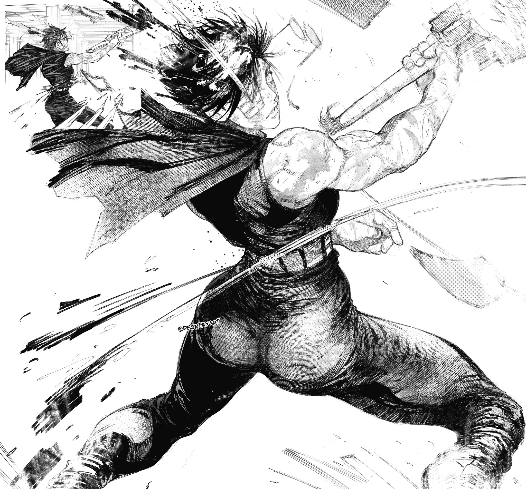 deontayart, zen'in maki, jujutsu kaisen, commentary, derivative work, highres, 1girl, arm behind head, artist name, ass, ass focus, belt, black hair, black pants, black shirt, breasts, burn scar, comic panel redraw, cropped legs, eyepatch, grey eyes, greyscale, looking at viewer, medical eyepatch, medium breasts, monochrome, muscular, muscular female, pants, parted lips, round eyewear, scar, scar on arm, scar on face, shirt, short hair, sleeveless, sleeveless turtleneck, solo, solo focus, split soul katana (jujutsu kaisen), swinging weapon, sword, toned, toned female, turtleneck, unworn eyewear, veins, veiny arms, weapon, white background