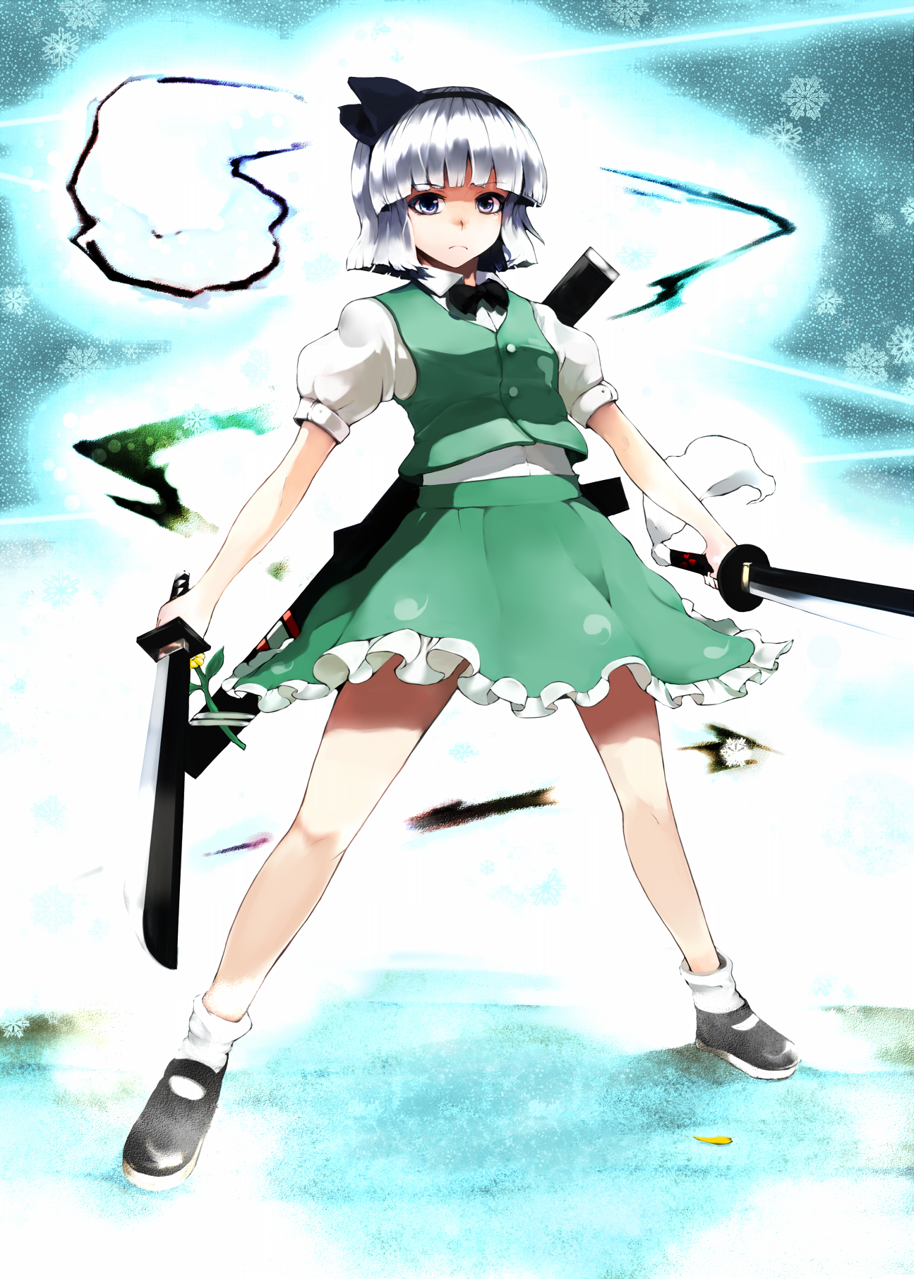 akishuon, inugami akito, konpaku youmu, konpaku youmu (ghost), touhou, highres, revision, 1girl, ankle socks, dual wielding, female focus, holding, katana, mary janes, shoes, socks, solo, sword, tanto, weapon