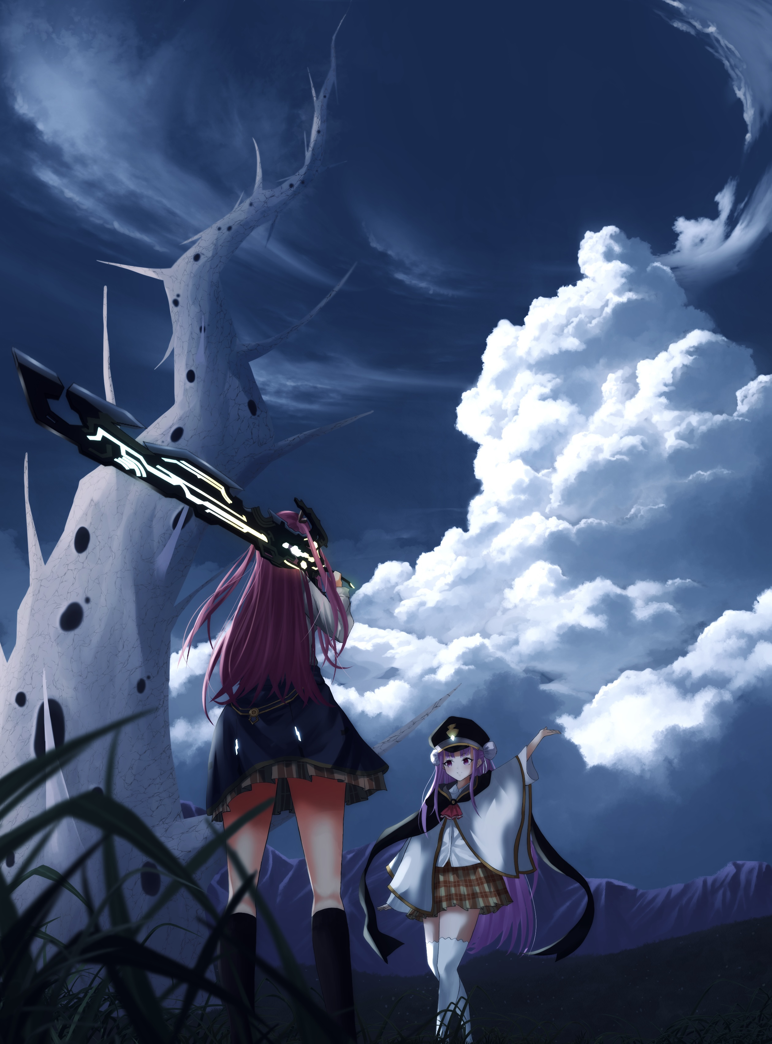 asukake project, aikawa megumi, kunimi tama, heaven burns red, absurdres, commentary request, highres, 2girls, cloud, cloudy sky, hat, holding, holding weapon, kneehighs, mountainous horizon, multiple girls, over shoulder, pink hair, sailor hat, scenery, sky, socks, weapon, weapon over shoulder