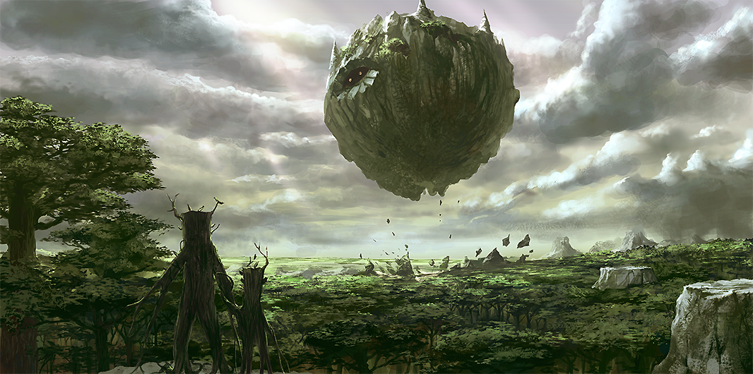 noba, green king, pixiv fantasia, pixiv fantasia 4, cloud, cloudy sky, creature, day, fantasy, floating, forest, light rays, nature, no humans, outdoors, plant, scenery, sky, sunbeam, sunlight, tree