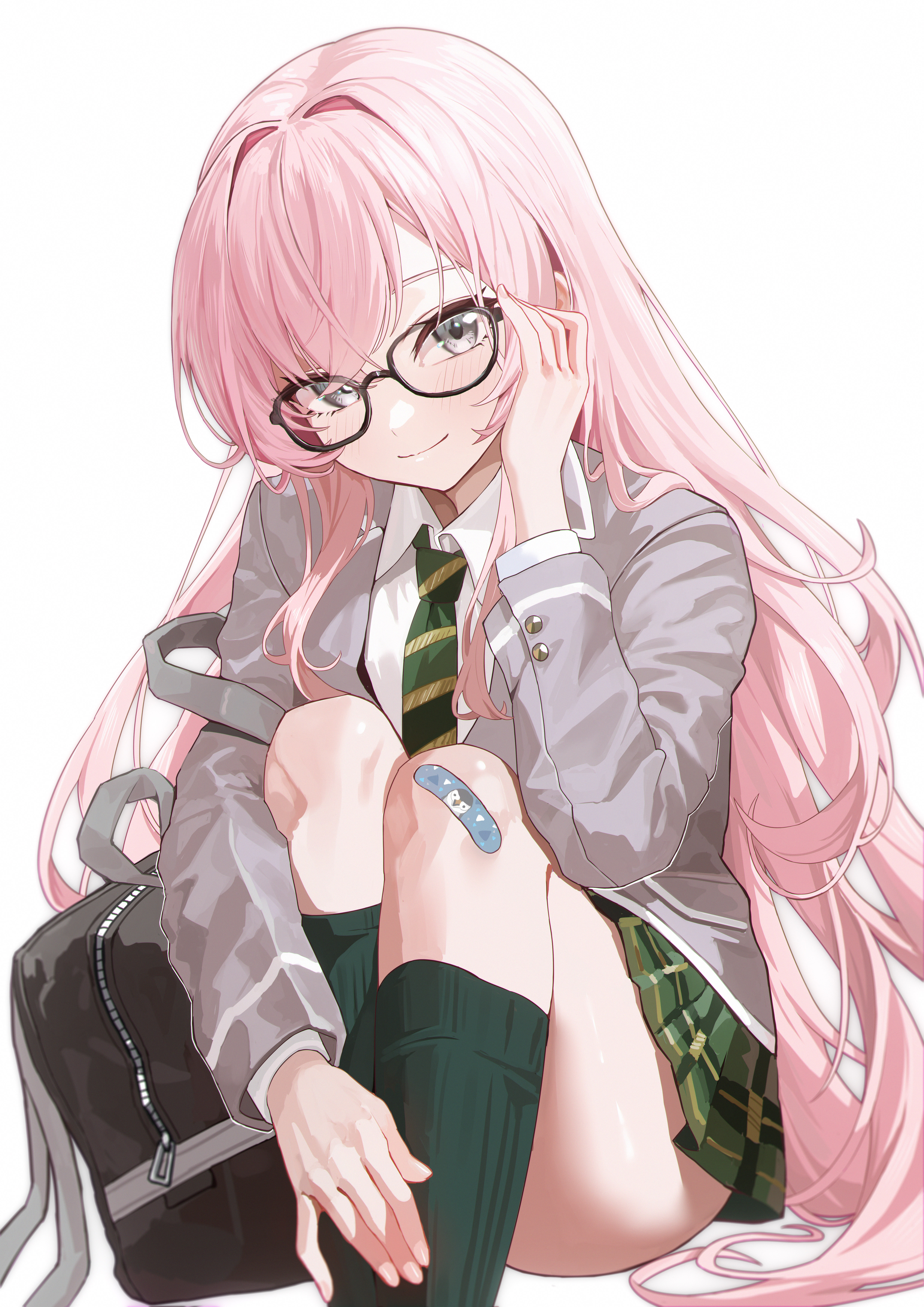 amam (64943468), chihaya anon, bang dream!, bang dream! it's mygo!!!!!, absurdres, chinese commentary, commentary request, highres, 1girl, bag, bandaid, bandaid on knee, bandaid on leg, black-framed eyewear, blazer, closed mouth, collared shirt, glasses, green necktie, green skirt, grey eyes, grey jacket, hair between eyes, hair intakes, hand on own face, hand up, haneoka school uniform, jacket, kneehighs, knees up, long hair, long sleeves, looking at viewer, miniskirt, necktie, pink hair, plaid clothes, plaid skirt, pleated skirt, school bag, school uniform, shirt, simple background, sitting, skirt, smile, socks, solo, striped clothes, striped necktie, very long hair, white background, white shirt