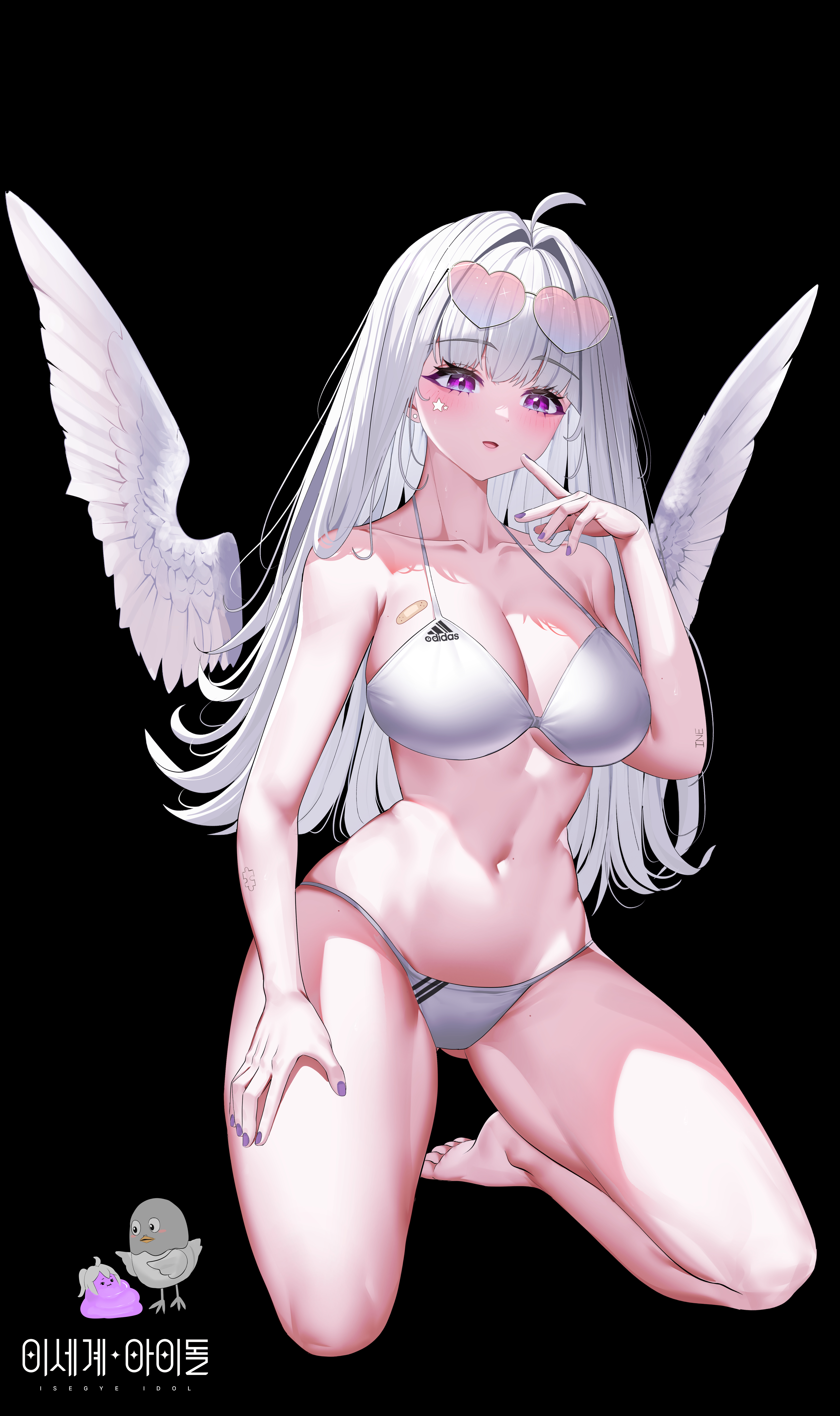 yeon do e, ine (vtuber), waktaverse, absurdres, highres, korean commentary, making-of available, 1girl, ahoge, angel wings, bare arms, bare legs, bare shoulders, barefoot, bikini, black background, blush, breasts, cleavage, collarbone, eyewear on head, feathered wings, feet, full body, halterneck, hand on own thigh, hand up, heart, heart-shaped eyewear, kneeling, large breasts, long hair, looking at viewer, nail polish, navel, purple eyes, simple background, solo, stomach, sunglasses, swimsuit, thighs, virtual youtuber, white bikini, white hair, white wings, wings