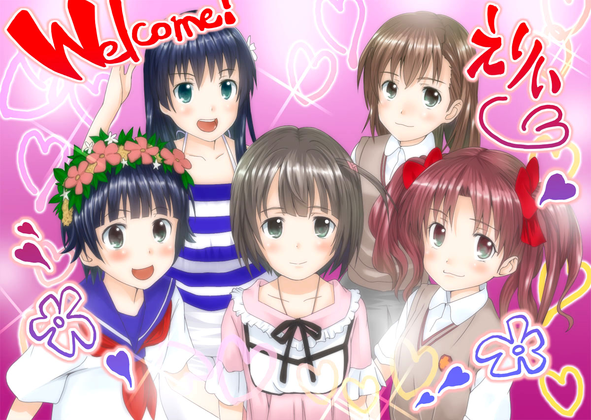 masamuuu, haruue erii, misaka mikoto, saten ruiko, shirai kuroko, uiharu kazari, toaru kagaku no railgun, toaru majutsu no index, bad id, bad pixiv id, derivative work, 5girls, black hair, brown eyes, brown hair, casual, flower, green eyes, hair flower, hair ornament, head wreath, multiple girls, school uniform, serafuku, sweater vest