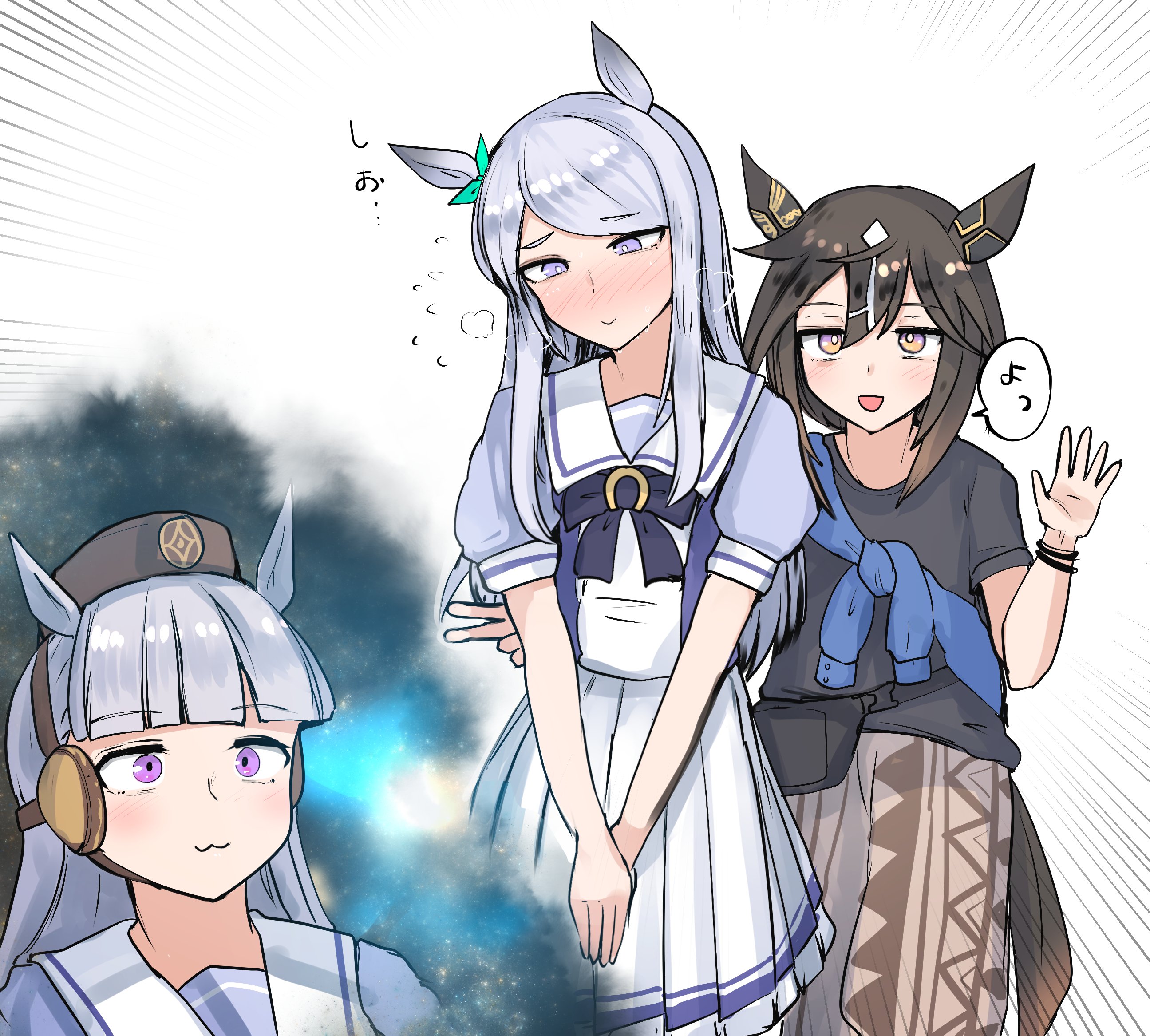 kanikama25, gold ship (umamusume), mejiro mcqueen (umamusume), stay gold (umamusume), umamusume, commentary request, highres, 3girls, animal ears, black hair, blunt bangs, blush, bow, ear covers, grey hair, hair between eyes, hat, horse ears, horse girl, horse tail, long hair, multicolored hair, multiple girls, open mouth, purple eyes, school uniform, short sleeves, smile, stay gold (casual) (umamusume), tail, tracen school uniform, white hair