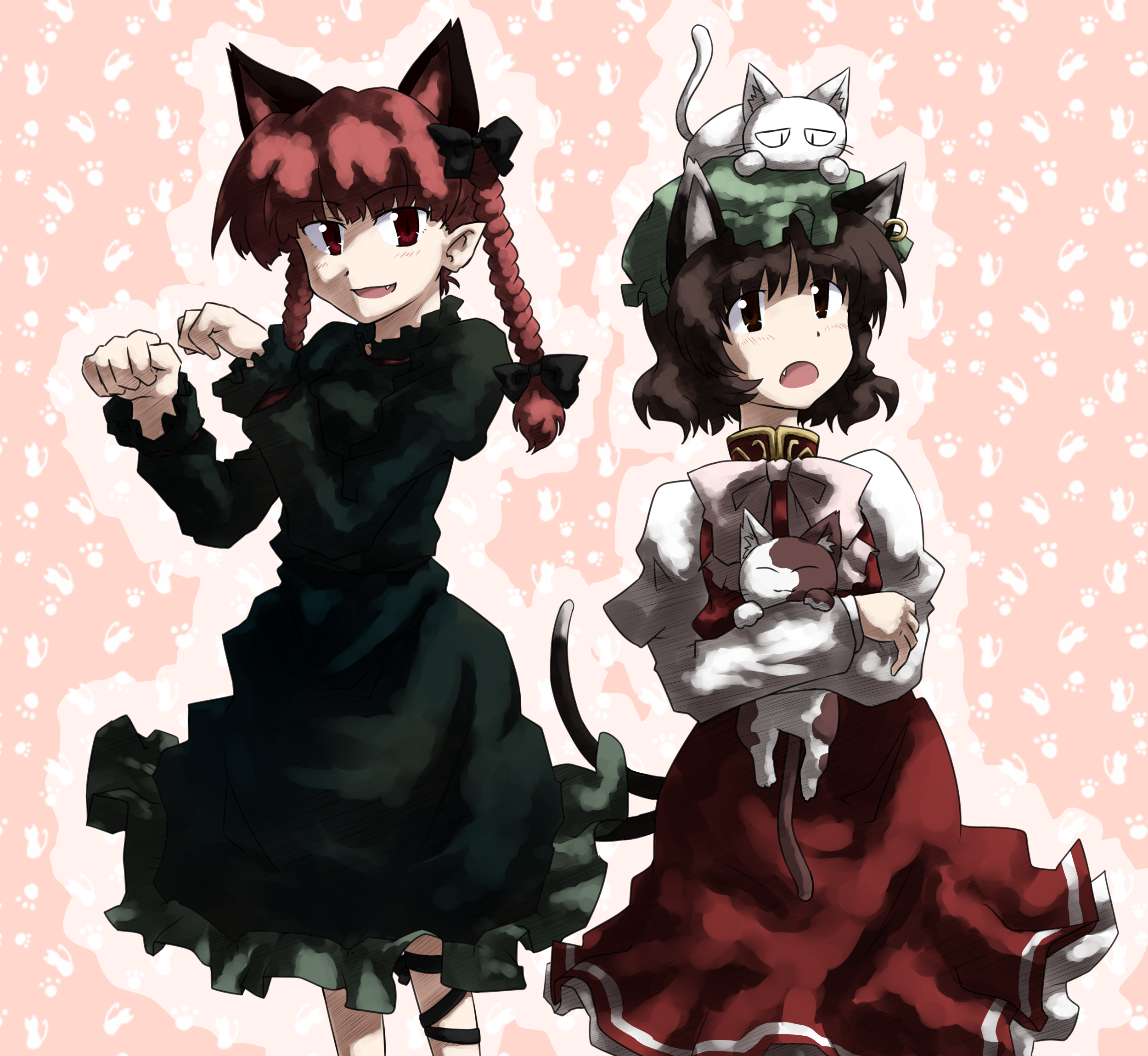 cynthia2, sakuragi rian, chen, kaenbyou rin, sokrates (touhou), touhou, highres, 2girls, animal, animal ears, animal on head, braid, brown eyes, cat, cat ears, cat on head, earrings, fang, female focus, hat, jewelry, multiple girls, on head, paw pose, pointy ears, red eyes, red hair, short hair
