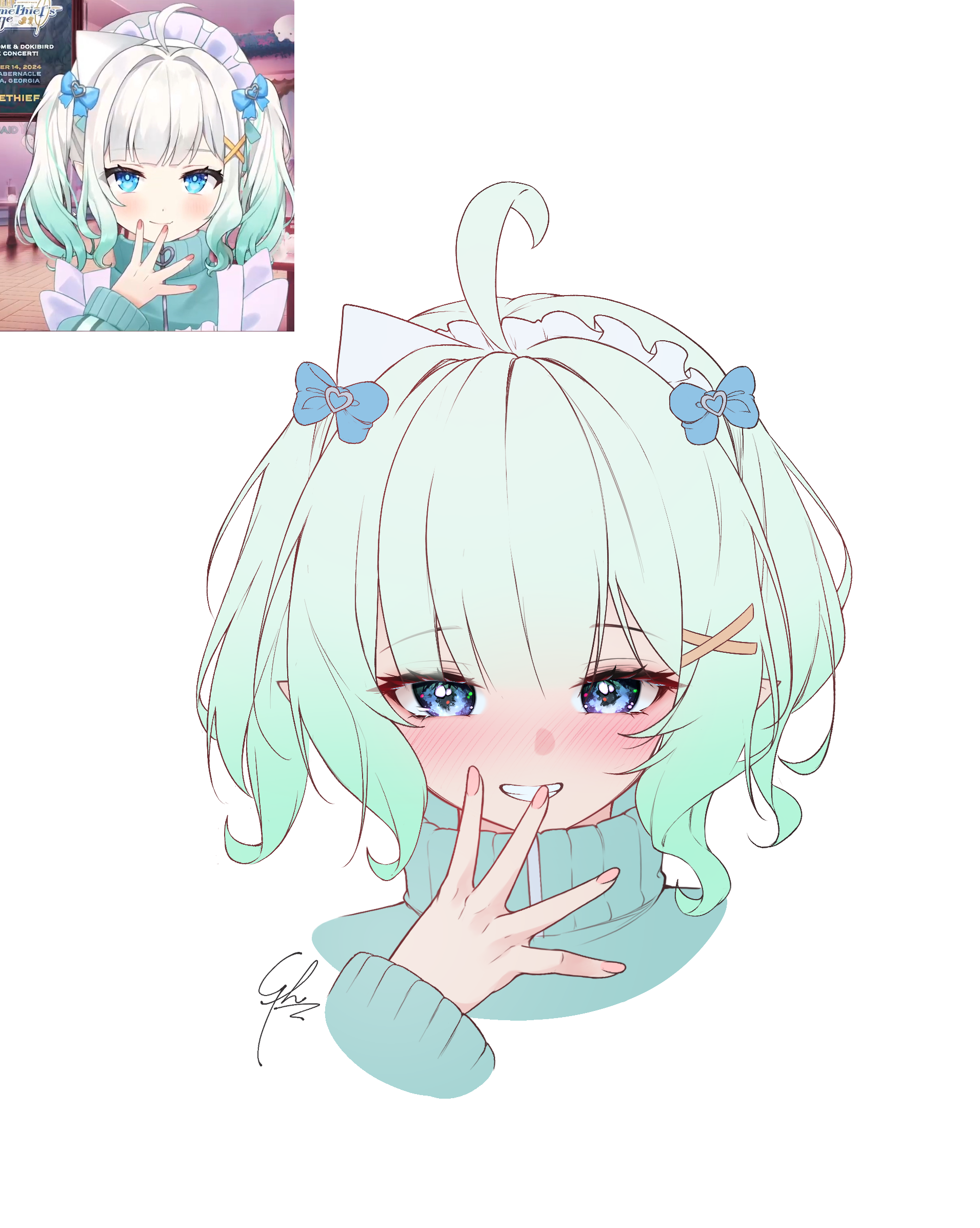 syxh, mint fantome, densetsu.exe, commentary, english commentary, highres, 1girl, alternate costume, blue eyes, cropped torso, fingernails, gradient hair, green hair, green jacket, grin, hair ornament, hairclip, hand up, high collar, jacket, jersey maid, looking at viewer, maid, maid headdress, multicolored hair, pointy ears, reference inset, simple background, smile, smug, solo, track jacket, triangular headpiece, twintails, unconventional maid, virtual youtuber, white background, x hair ornament