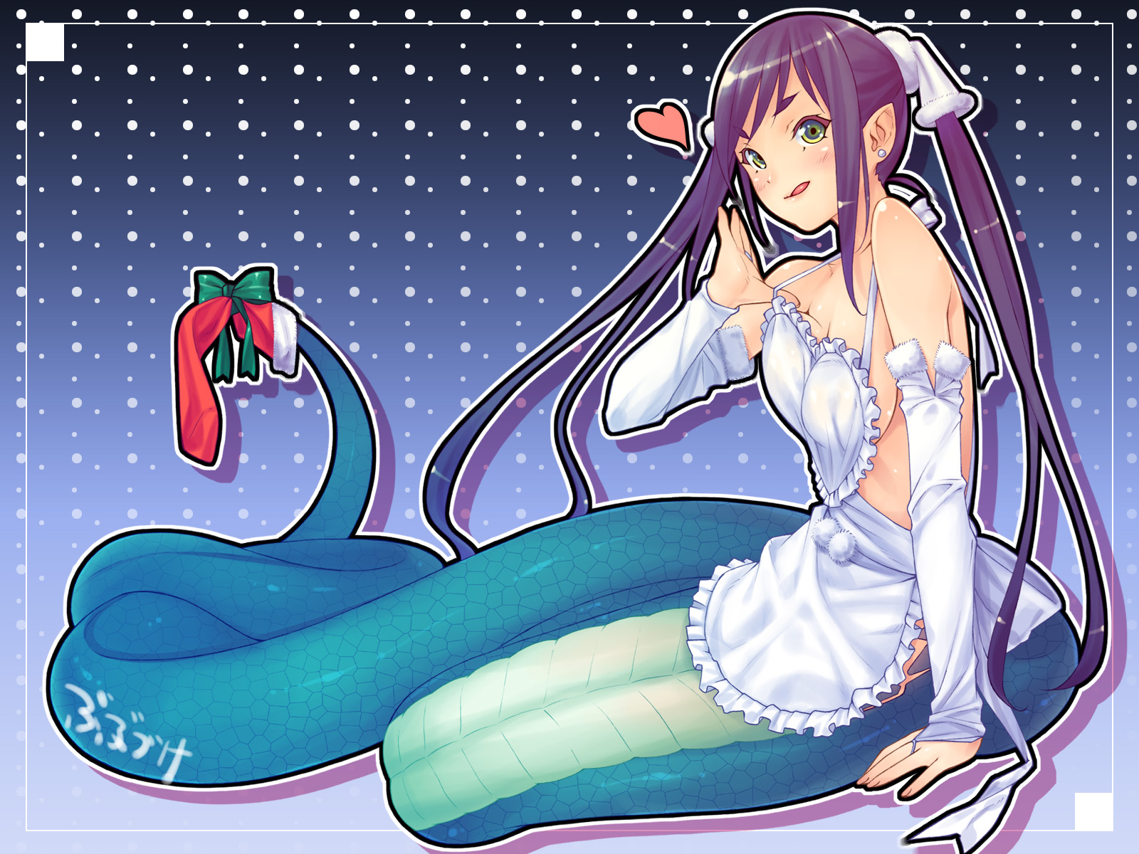 bubuzuke, lamia hygieia, mamonomusume to no seikatsu, mamonomusume to no seikatsu ~ramia no baai~, game cg, highres, 1girl, :q, apron, bare shoulders, blush, bow, breasts, bridal gauntlets, christmas, christmas stocking, earrings, elbow gloves, female focus, fingernails, gloves, green eyes, hair ornament, heart, jewelry, lamia, long fingernails, long hair, looking back, monster girl, nail (hardware), naked apron, naughty face, pointy ears, purple hair, scales, sideboob, sitting, snake, snake tail, socks, solo, tail, tail bow, tail ornament, tongue, tongue out, twintails, very long hair