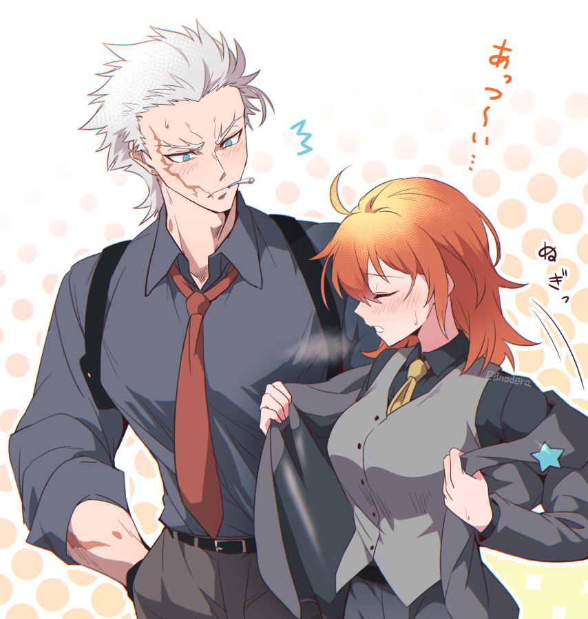0nodera, fujimaru ritsuka (female), fujimaru ritsuka (female) (fgo fes. 2024), nagakura shinpachi (exhibition attire) (fate), nagakura shinpachi (fate), fate/grand order, fate (series), commentary request, translation request, 1boy, 1girl, ahoge, black shirt, blue eyes, blush, cigarette, closed eyes, collared shirt, forked eyebrows, grey hair, grey jacket, grey pants, grey vest, hand in pocket, hetero, holster, jacket, necktie, orange hair, pants, red necktie, shirt, smoking, vest, yellow eyes
