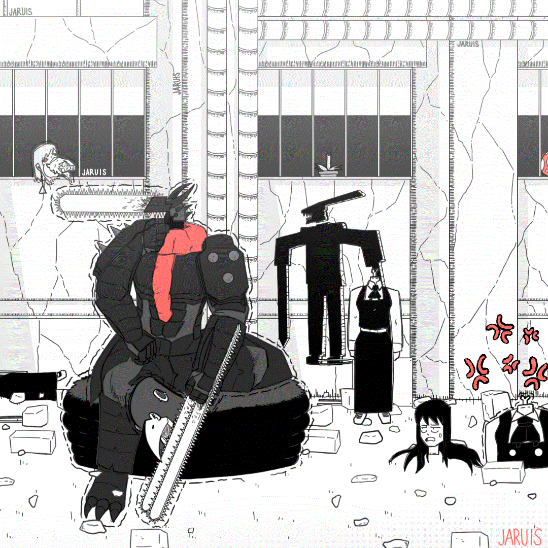 chainsaw devil, fami (chainsaw man), famine devil (chainsaw man), mitaka asa, chainsaw man, animated, animated gif, looping animation, 1boy, 3girls, anger vein, building, cartoon bone, chainsaw, dress, earrings, eating, guillotine devil (chainsaw man), intestine clothing, jaruis, jewelry, long hair, multiple girls, outdoors, partially colored, pinafore dress, severed head, sleeveless, sleeveless dress, sweatdrop, window