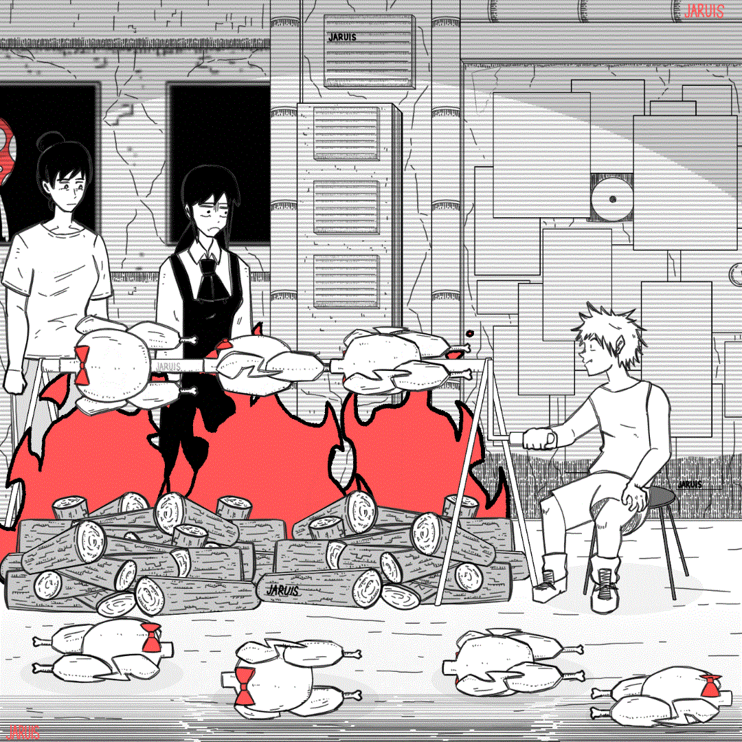 bucky (chainsaw man), denji (chainsaw man), mitaka asa, mitaka asa's mother, chainsaw man, animated, animated gif, looping animation, 1boy, 2girls, artist name, bow, bowtie, breasts, dress, fire, fourth east high school uniform, frown, greyscale, jaruis, log, medium breasts, monochrome, mother and daughter, multiple girls, pinafore dress, red bow, red bowtie, roasting, school uniform, shorts, sleeveless, sleeveless dress, smile, spot color, stool, tank top, traditional bowtie