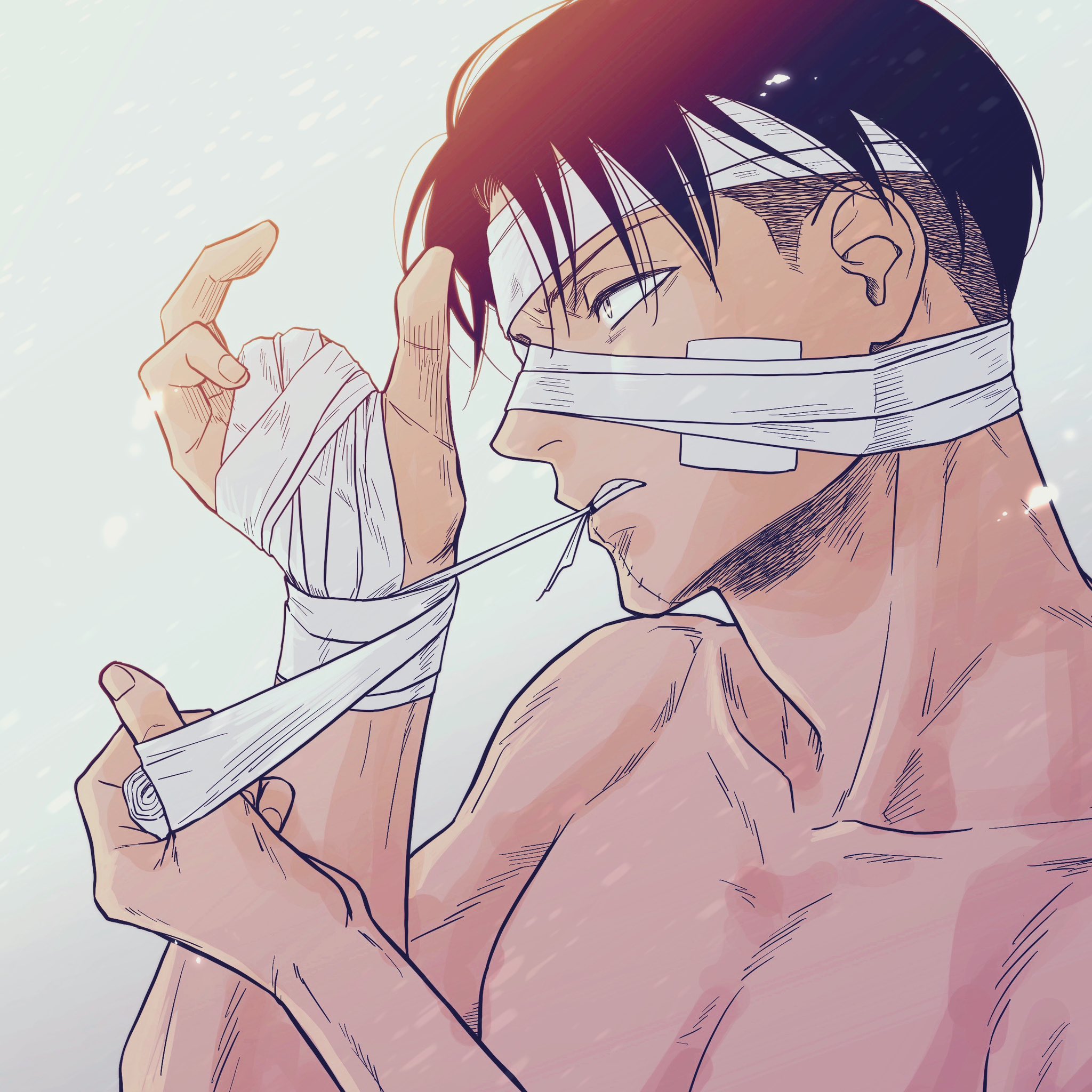 levi (shingeki no kyojin), shingeki no kyojin, highres, 1boy, arms up, bandage in mouth, bandaged head, bandages, clenched teeth, collarbone, from side, ikichi8tkjn, injury, male focus, missing finger, nude, pectorals, profile, short hair, short sideburns, sideburns, solo, teeth, upper body