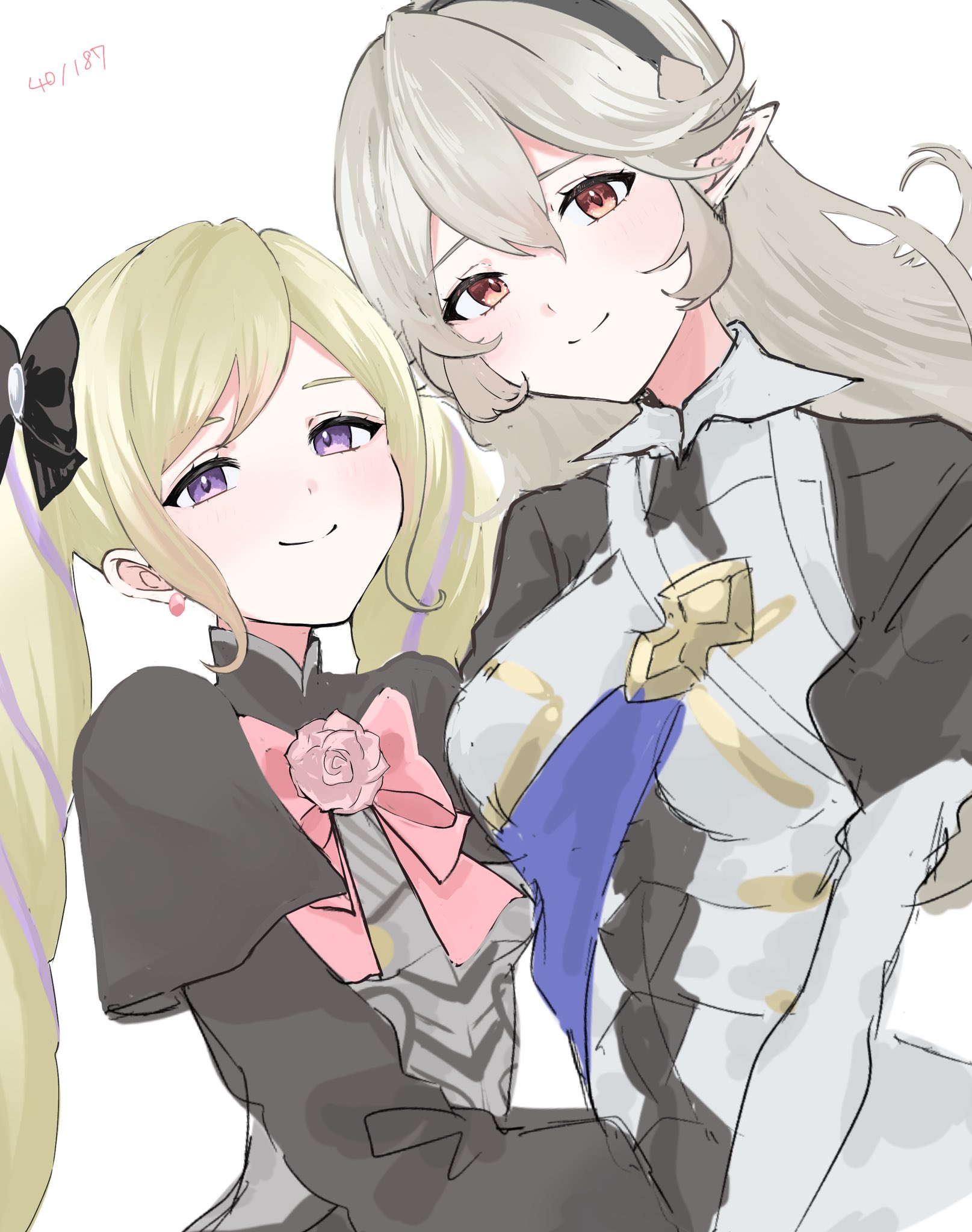 sayaka (fe uma274), elise (fire emblem), female corrin (fire emblem), fire emblem, fire emblem fates, nintendo, highres, 2girls, aristocratic clothes, black bow, black hairband, blonde hair, bow, drill hair, hair bow, hairband, multiple girls, pointy ears, purple eyes, purple hair, red eyes, twin drills, twintails