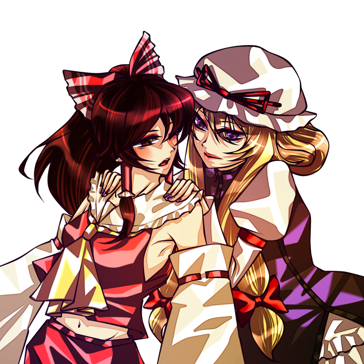 discharge cycle, tobi (discharge cycle), hakurei reimu, yakumo yukari, touhou, hands on shoulders, 2girls, blonde hair, bow, brown hair, detached sleeves, female focus, hair bow, hat, japanese clothes, lips, long hair, looking back, midriff, miko, multiple girls, nail polish, navel, purple eyes, purple nails, red hair, simple background