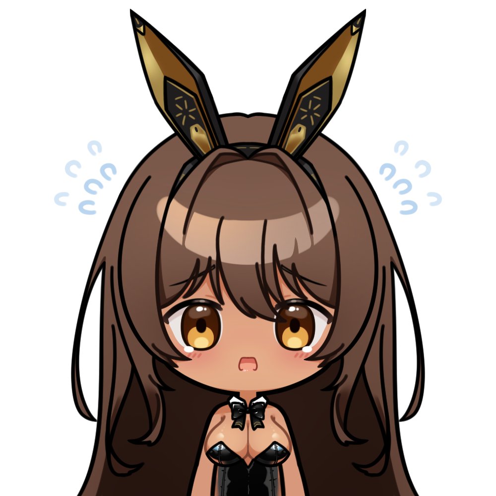 momori sensei, noir (nikke), goddess of victory: nikke, commentary, symbol-only commentary, 1girl, animal ears, arms at sides, black leotard, blush, bow, bowtie, breasts, brown eyes, brown hair, chibi, cleavage, deformed, detached collar, flying sweatdrops, hair intakes, large breasts, leotard, long hair, looking at viewer, open mouth, playboy bunny, rabbit ears, simple background, solo, surprised, upper body, very long hair, white background