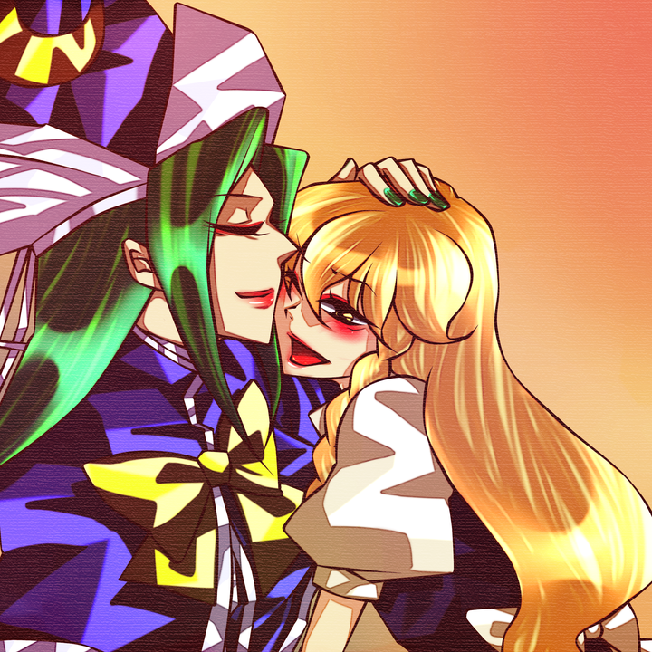 discharge cycle, tobi (discharge cycle), kirisame marisa, mima (touhou), mystic square, touhou, touhou (pc-98), 2girls, blonde hair, bow, braid, female focus, green hair, green nails, hat, long hair, multiple girls, nail polish, wince, wizard hat, yellow eyes