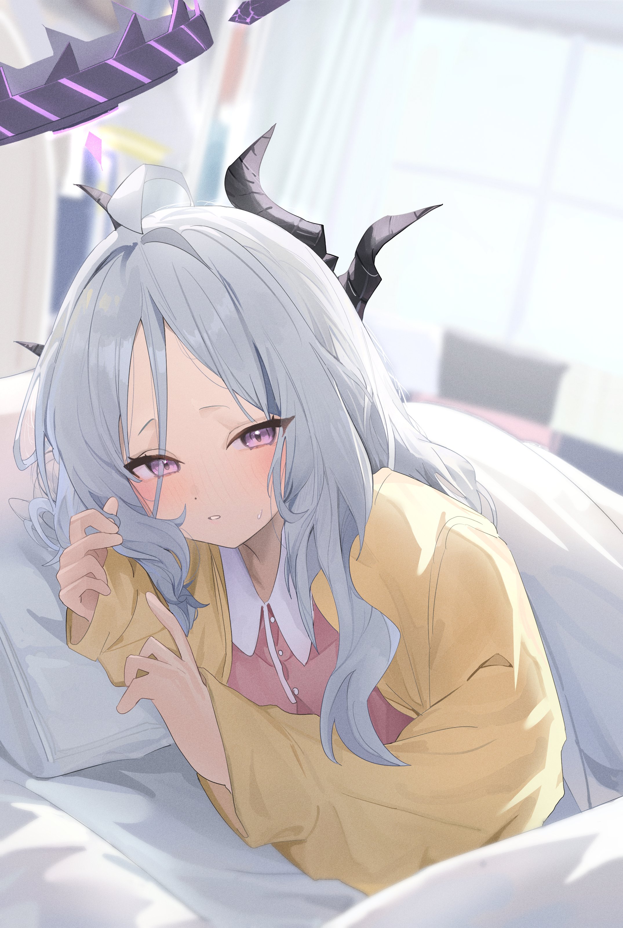 k2 (jack lin), hina (blue archive), hina (pajamas) (blue archive), blue archive, absurdres, commentary, highres, 1girl, ahoge, black halo, blush, breasts, demon girl, demon horns, halo, horns, indoors, jacket, long hair, looking at viewer, morning, pajamas, pink pajamas, purple eyes, small breasts, solo, very long hair, white hair, yellow jacket