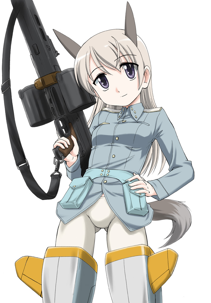wan'yan aguda, eila ilmatar juutilainen, strike witches, world witches series, 1girl, animal ears, blonde hair, blue eyes, double-drum magazine, drum magazine, dual drum magazine, female focus, gun, hand on own hip, high-capacity magazine, hip focus, long hair, machine gun, magazine (weapon), mg42, pantyhose, saddle-drum, solo, tail, weapon, white pantyhose