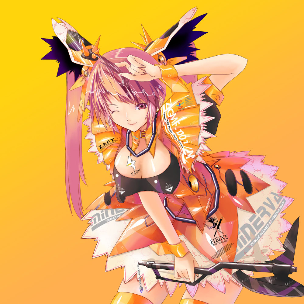 ky (nimbusky), zaku, zaku phantom, gundam, gundam seed, gundam seed destiny, bad id, bad pixiv id, 00s, 1girl, axe, breasts, cleavage, female focus, hair ornament, large breasts, lips, mecha musume, one eye closed, purple eyes, purple hair, simple background, solo, thighhighs, twintails, weapon, wink