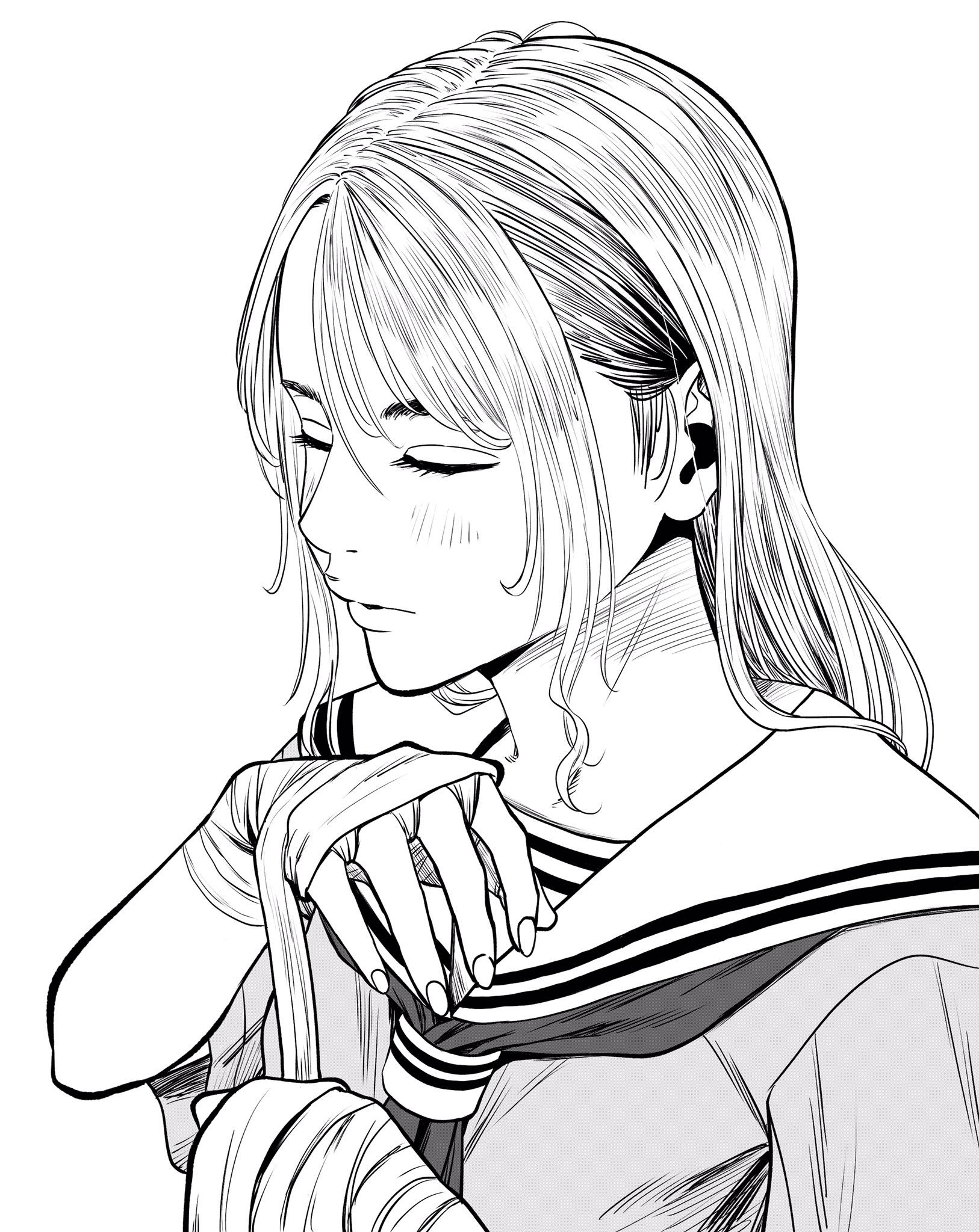 lee (dragon garou), original, commentary request, highres, 1girl, adjusting clothes, closed eyes, greyscale, hair behind ear, hand wraps, light blush, lips, monochrome, neckerchief, portrait, profile, sailor collar, school uniform, serafuku, sideburns, solo