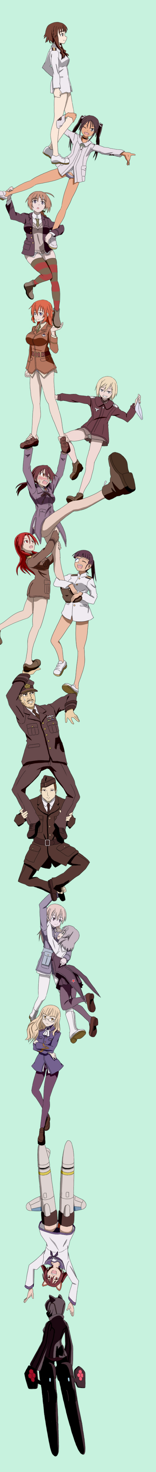 amino (trude), arthur tedder, charlotte e. yeager, eila ilmatar juutilainen, erica hartmann, francesca lucchini, gertrud barkhorn, lynette bishop, minna-dietlinde wilcke, miyafuji yoshika, neuroi, neuroi girl, perrine h. clostermann, sakamoto mio, sanya v. litvyak, takei junko, trevor maloney, durarara!!, strike witches, strike witches: kurenai no majo-tachi, world witches series, uniform, absurdres, bad id, bad pixiv id, highres, long image, tall image, 2boys, 6+girls, multiple boys, multiple girls, no panties, pantyhose, parody, striker unit, trust me (durarara!!), white pantyhose