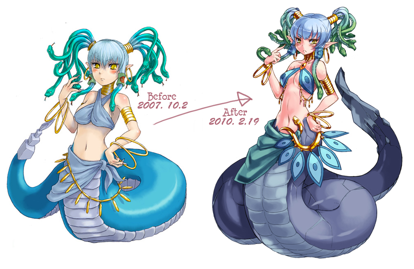 kenkou cross, medusa (monster girl encyclopedia), monster girl encyclopedia, original, official art, 1girl, blue hair, comparison, gold, hand on own hip, hip focus, jewelry, lamia, midriff, monster girl, multiple views, navel, pointy ears, slit pupils, snake, snake hair, twintails, yellow eyes