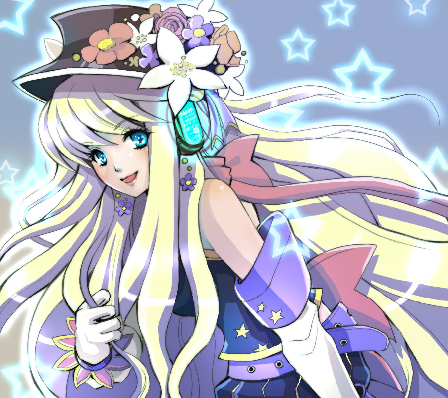 luxmix, original, bad id, bad pixiv id, aqua eyes, bare shoulders, belt, elbow gloves, flower, gloves, hat, headphones, long hair, solo, star (symbol), very long hair, white hair
