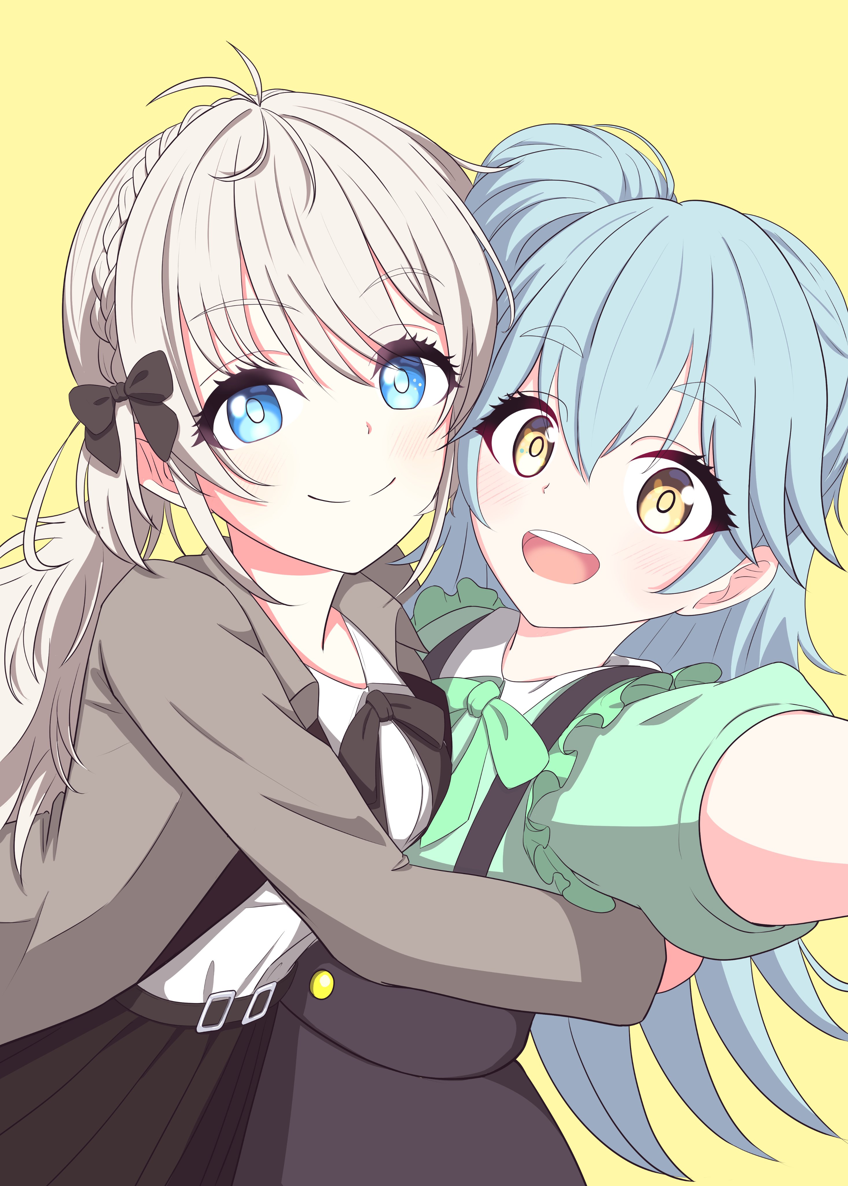 shine post, absurdres, highres, 2girls, antenna hair, aqua hair, black bow, blonde hair, blue eyes, bow, bowtie, braid, brown bow, brown bowtie, brown dress, brown jacket, brown skirt, closed mouth, crown braid, dress, green bow, green bowtie, green shirt, hair bow, hair bun, hirose miina, hug, jacket, long hair, looking at viewer, low twintails, multiple girls, natalya (shine post), open clothes, open jacket, open mouth, pinafore dress, reaching, reaching towards viewer, sample341114, shirt, skirt, sleeveless, sleeveless dress, teeth, twintails, upper teeth only, white shirt, yellow background, yellow eyes