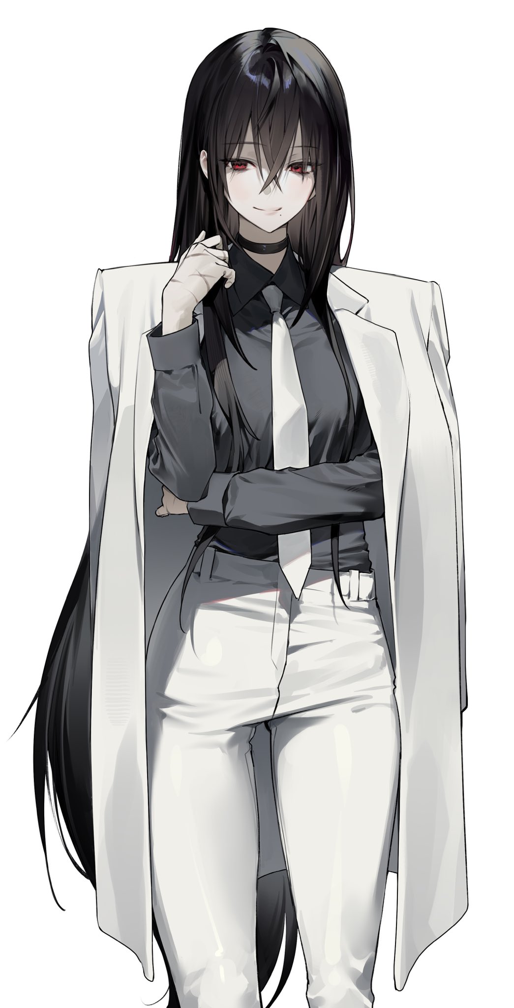 copyright request, highres, 1girl, black choker, black hair, black shirt, choker, collared shirt, hambugyyy, jacket, long hair, multiple scars, necktie, pants, red eyes, scar, shirt, simple background, solo, white background, white jacket, white necktie, white pants