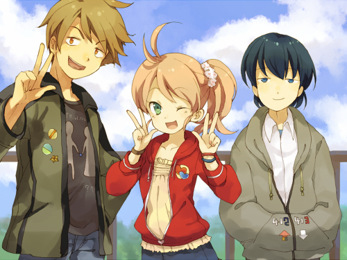 kiris, ageha (irisu), edo (irisu), uujishima (irisu), irisu shoukougun!, lowres, official art, photo (medium), brown hair, green eyes