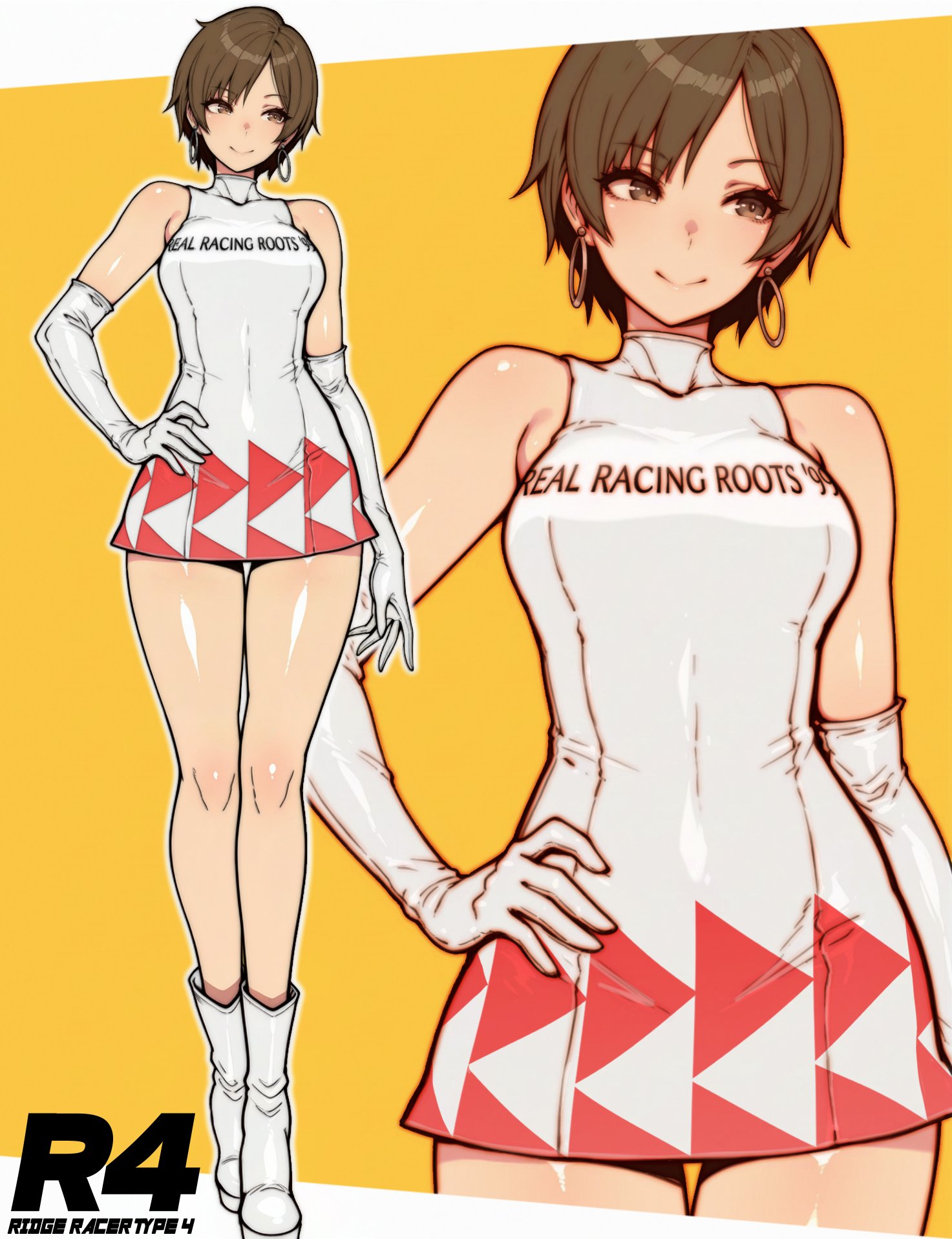 nullhachinpo, nagase reiko, ridge racer, highres, 1990s (style), 1girl, arrow print, boots, breasts, brown eyes, brown hair, clothes writing, dress, earrings, elbow gloves, full body, gloves, hand on own hip, hoop earrings, jewelry, looking to the side, r4: ridge racer type 4, race queen, racing, retro artstyle, short hair, sleeveless, sleeveless dress, smile, solo, solo focus, thighs, upper body, white boots, white dress, white gloves