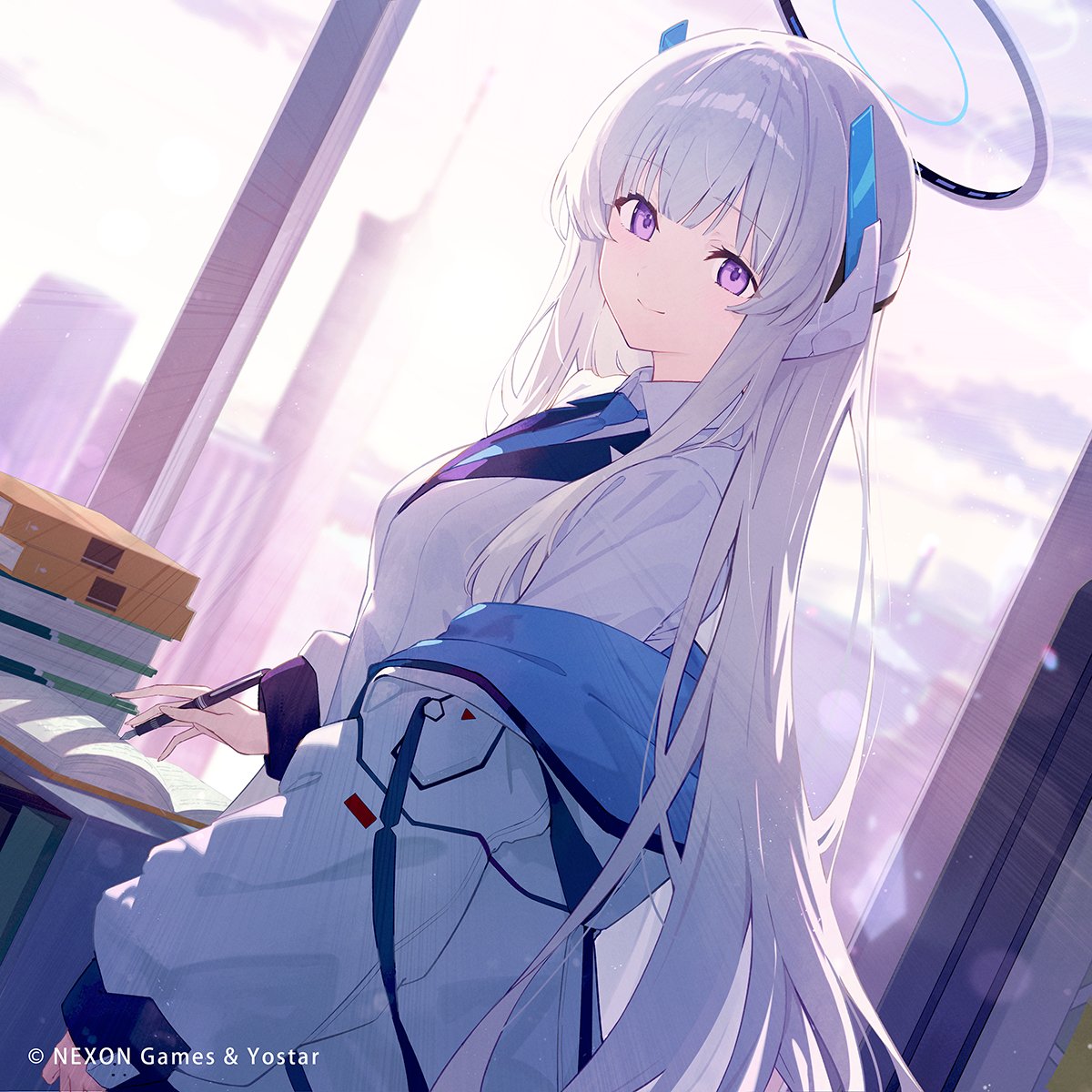 kyaroru, noa (blue archive), blue archive, commentary request, highres, official art, 1girl, blue necktie, blunt bangs, closed mouth, collared shirt, floating hair, halo, holding, holding pen, indoors, jacket, long hair, long sleeves, looking at viewer, necktie, open clothes, open jacket, pen, purple eyes, shirt, smile, solo, very long hair, white hair, white jacket, white shirt