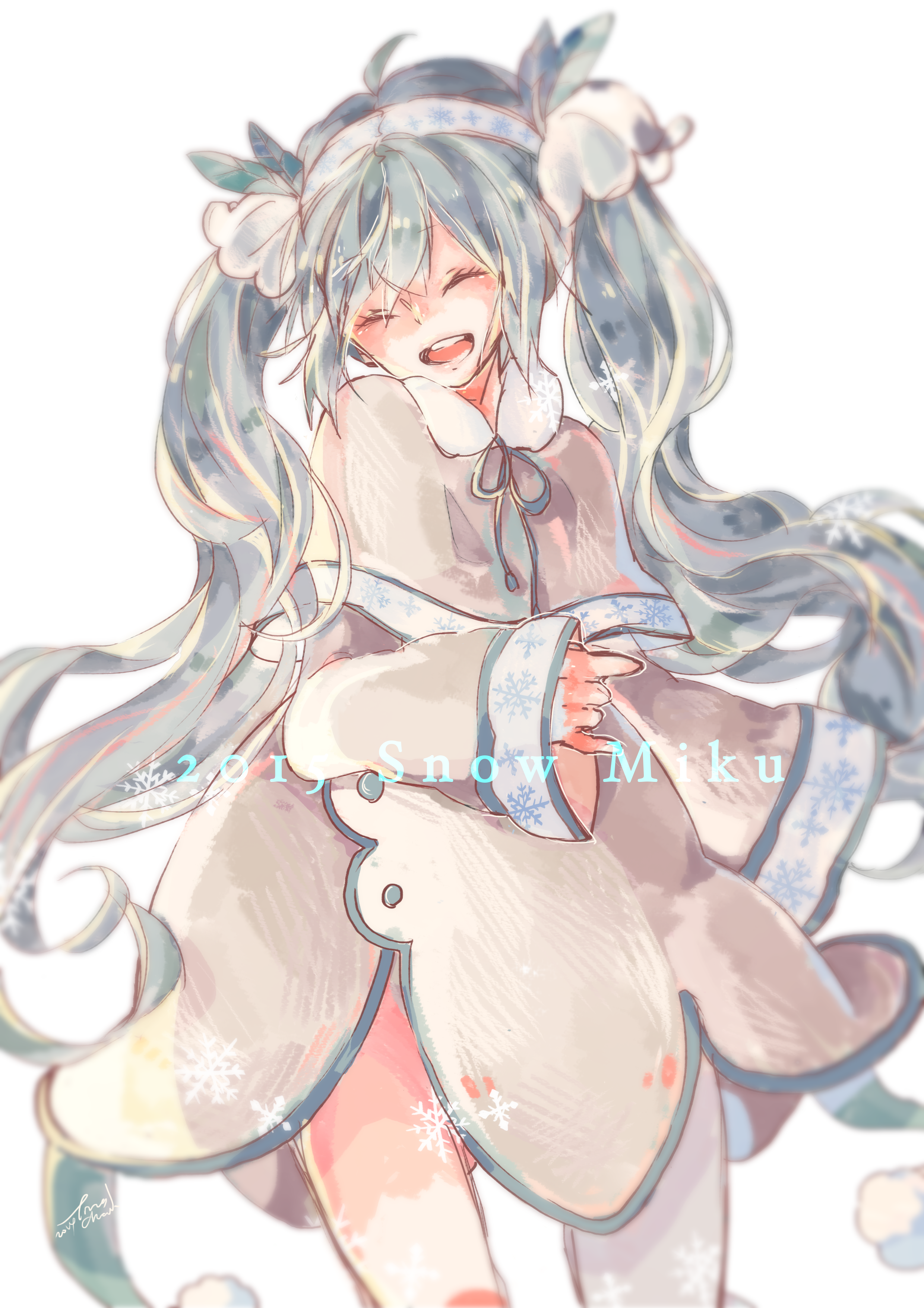 hatsune miku, yuki miku, vocaloid, absurdres, commentary, highres, 1girl, 2015, ^ ^, blue hair, blue hairband, brown capelet, brown dress, buttons, capelet, character name, closed eyes, cowboy shot, dot nose, dress, eyelashes, flower, fur-trimmed capelet, fur trim, grey ribbon, hair between eyes, hair flower, hair ornament, hairband, happy, light blush, long hair, long sleeves, loose hair strand, neck ribbon, open mouth, print capelet, print hairband, print sleeves, ribbon, short dress, simple background, sleeve cuffs, sleeves past wrists, smile, snowflake print, snowflakes, snowing, solo, superchickentt, teeth, upper teeth only, very long hair, wavy hair, white background, white flower, winter clothes, yuki miku (2015)