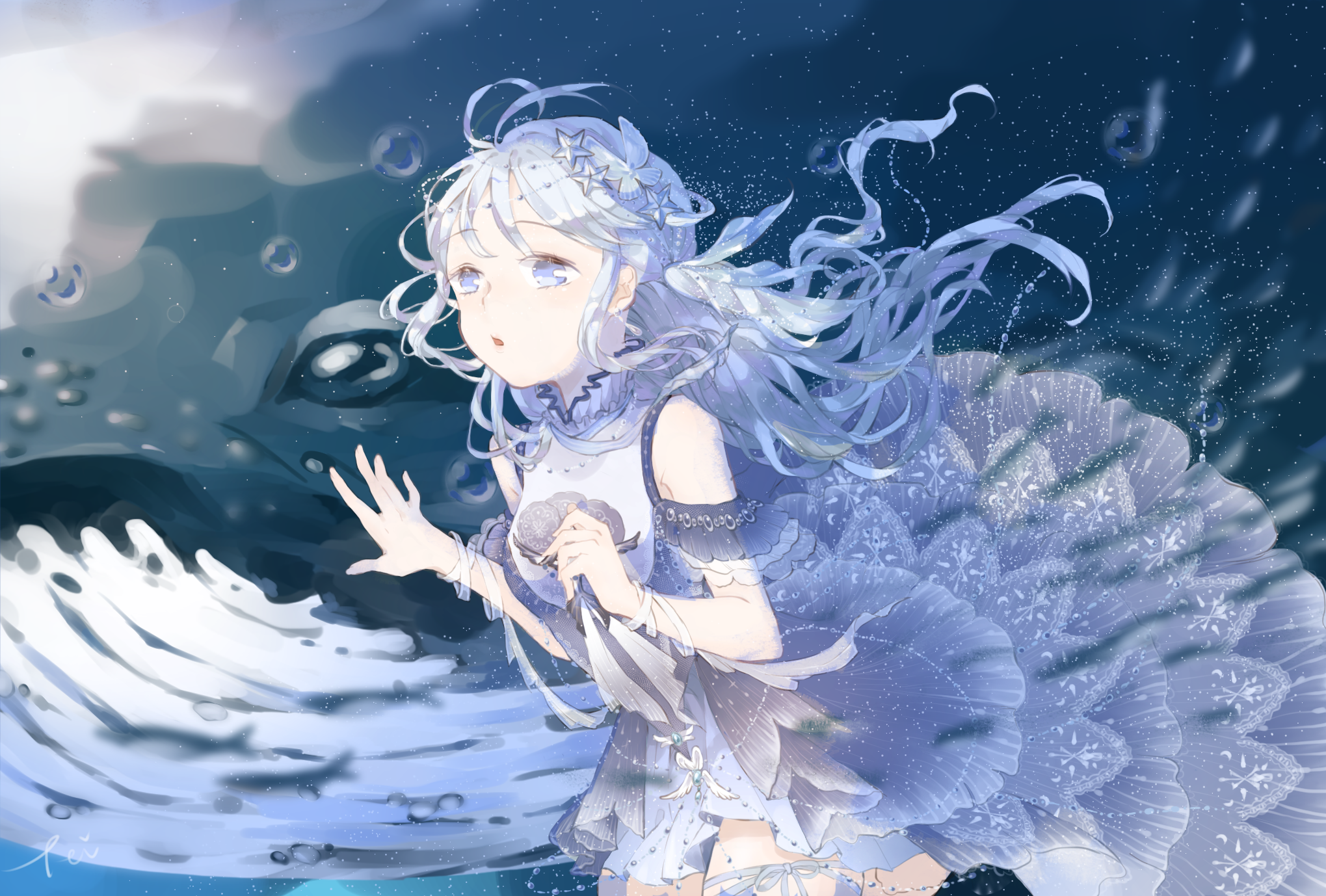 miracle nikki, nikki (series), chinese commentary, commentary request, highres, partial commentary, 1girl, :o, air bubble, animal, bare shoulders, beads, blue dress, blue eyes, blue hair, blue sleeves, bubble, butterfly hair ornament, circle skirt, clenched hand, collared dress, cowboy shot, curious, detached sleeves, dress, feather hair ornament, feathers, floating, floating clothes, floating hair, frilled sleeves, frills, hair beads, hair ornament, high collar, leg ribbon, light blush, light particles, long dress, long hair, melody of whale (miracle nikki), open mouth, pleated sleeves, print dress, ribbon, short sleeves, sidelocks, solo, star (symbol), star hair ornament, striped clothes, striped dress, superchickentt, tareme, thigh ribbon, train (clothing), underwater, vertical-striped clothes, vertical-striped dress, vertical-striped sleeves, very long hair, wavy hair, whale, white ribbon, wrist ribbon
