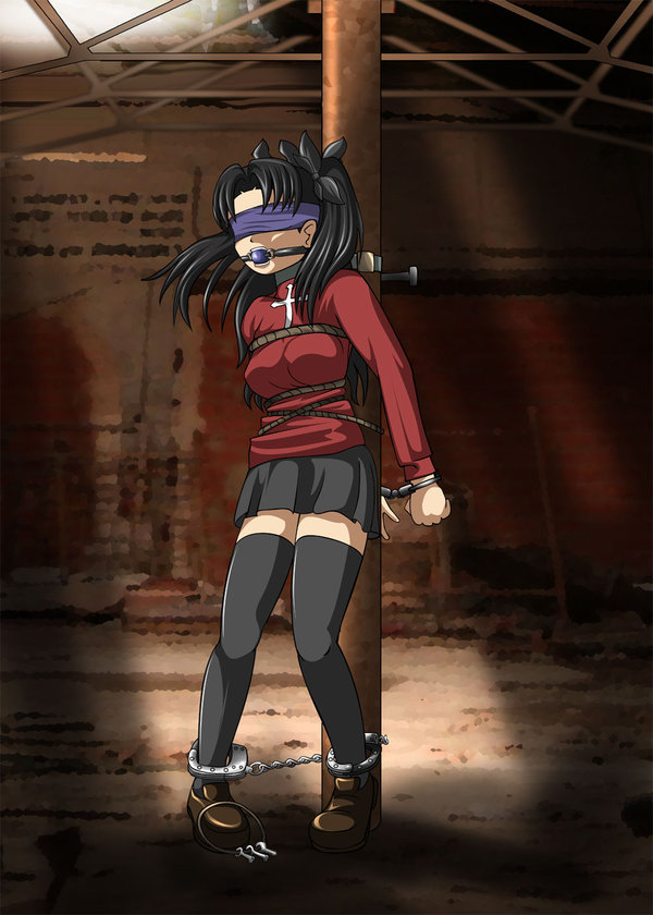 d-mizton, tohsaka rin, fate/stay night, ball gag, bdsm, blindfold, bondage, cuffs, gag, handcuffs, latex, thighhighs, zettai ryouiki