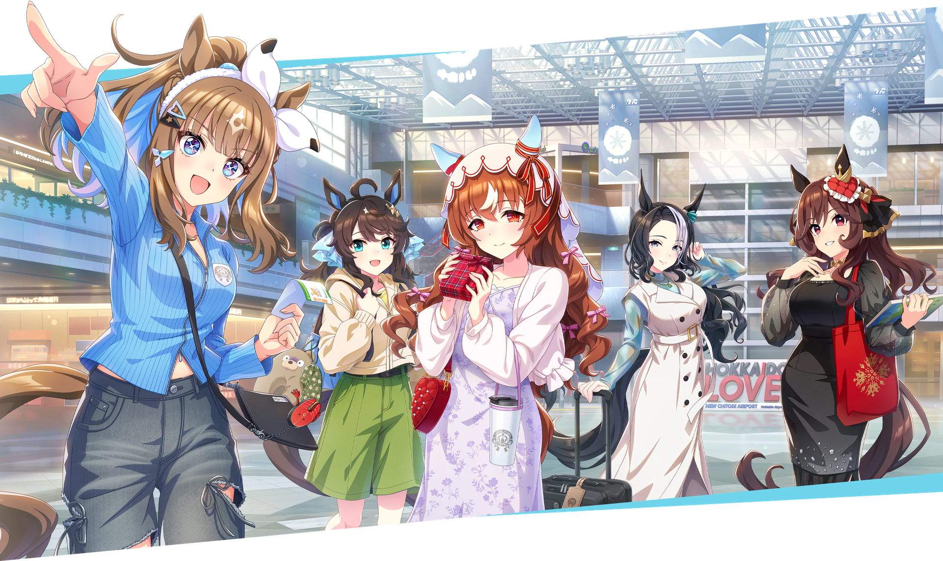 almond eye (umamusume), daring tact (umamusume), gentildonna (umamusume), mejiro ramonu (umamusume), still in love (umamusume), umamusume, bad link, highres, official art, 5girls, ahoge, airport, animal ears, backpack, bag, belt, black bag, black hair, blue eyes, blue shirt, blush, bow, braid, braided hair rings, breasts, brown hair, closed mouth, coat, collarbone, colored inner hair, denim, dress, ear covers, hair between eyes, hair ornament, hair rings, hairband, hairclip, hokkaido, holding, holding bag, horse ears, horse girl, horse tail, jacket, jeans, jewelry, large breasts, long hair, long sleeves, looking at viewer, medium breasts, mole, mole under eye, multicolored hair, multiple girls, necklace, open clothes, open mouth, open shirt, pants, ponytail, purple eyes, real world location, red eyes, ribbon, rolling suitcase, shirt, shorts, shoulder bag, sleeveless, sleeveless coat, small breasts, smile, star (symbol), star hair ornament, streaked hair, suitcase, tail, triple tiara (umamusume), veil, white belt, white coat, white dress, white hair