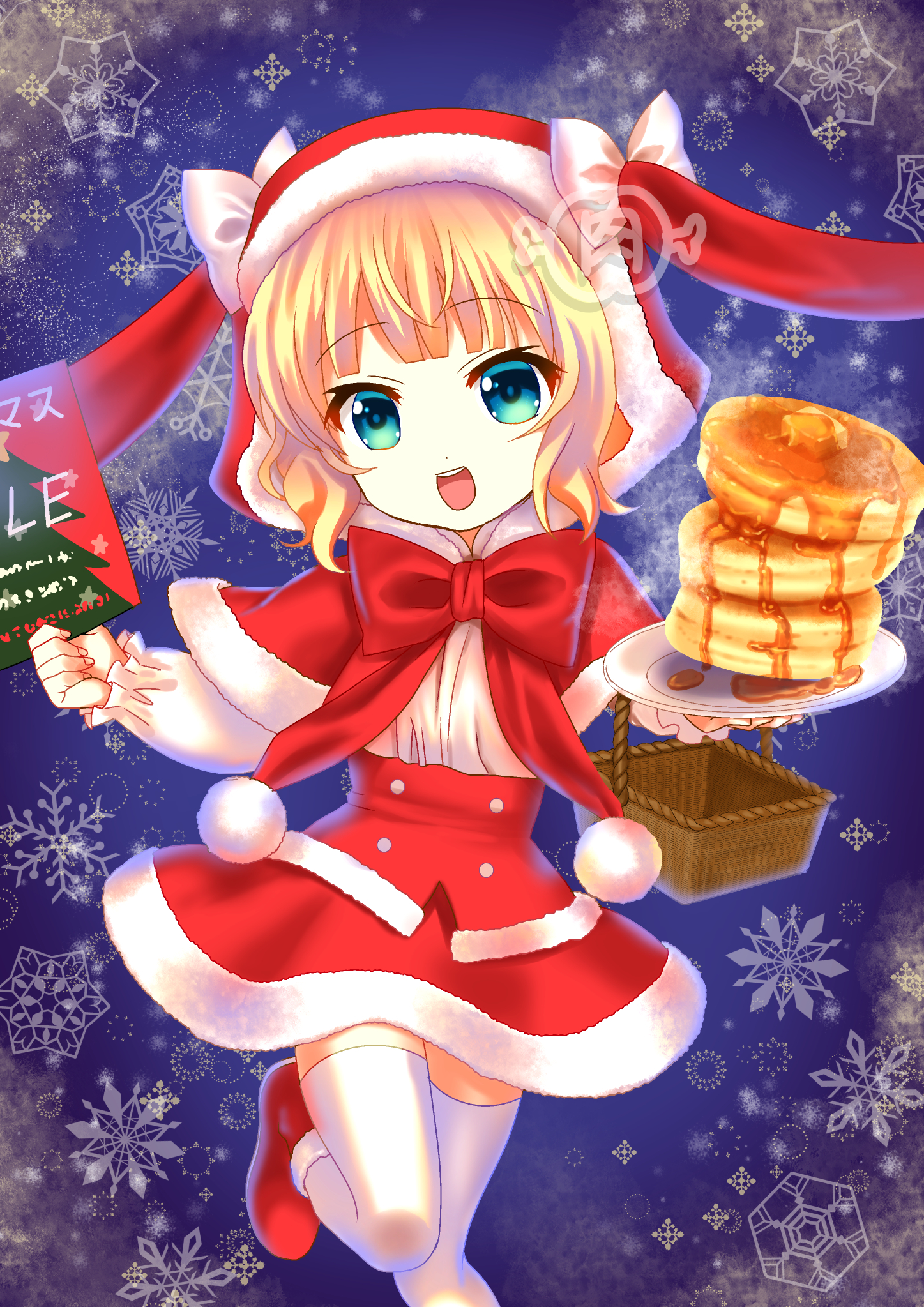 onikusanntaro, kirima syaro, gochuumon wa usagi desu ka?, commentary request, highres, 1girl, animal ears, animal hood, basket, blonde hair, bow, capelet, christmas, fake animal ears, flyer, food, fur-trimmed capelet, fur-trimmed hood, fur-trimmed skirt, fur trim, green eyes, holding, holding flyer, holding plate, hood, hooded capelet, long sleeves, looking at viewer, open mouth, pancake, pancake stack, plate, pom pom (clothes), rabbit hood, santa costume, short hair, skirt, smile, snowflakes, solo, standing, standing on one leg, thighhighs, watermark