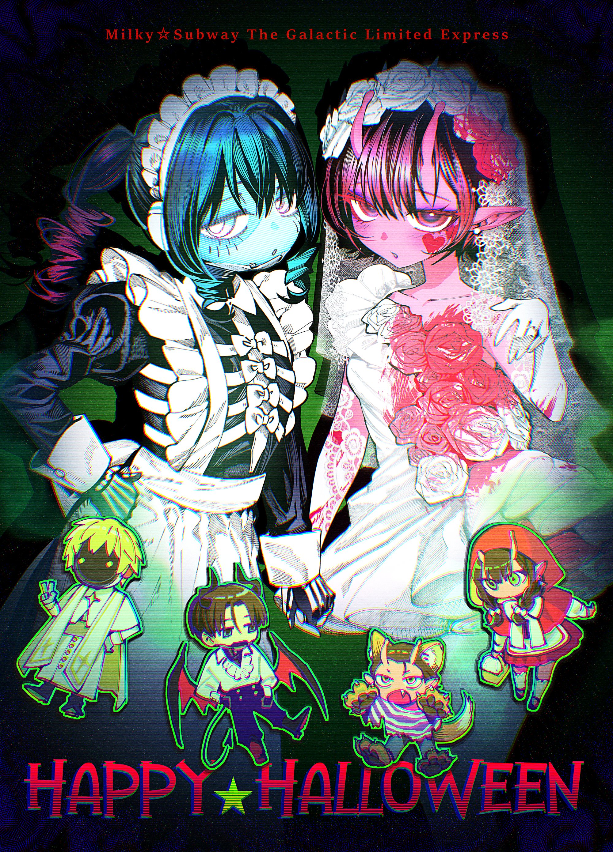 daidouji akane, kujo chiharu, kurt cramer, kurusu makina (milky galactic universe), milky subway, absurdres, commentary request, highres, 3boys, 3girls, animal ears, animal hands, antennae, apron, black dress, blonde hair, blood, blood on clothes, blue skin, bridal veil, brown hair, chibi, chibi inset, colored skin, copyright name, dress, drill hair, eyelashes, facial mark, floral print, frilled apron, frills, gloves, hair between eyes, halloween, halloween costume, happy halloween, heart, heart facial mark, hood, hood up, horns, iwao kanata, long hair, maid, maid headdress, max mccalister, multiple boys, multiple girls, parted lips, paw gloves, paw shoes, pink skin, pointy ears, robot girl, short hair, simple background, star (symbol), su5ooo, tail, v, veil, wedding dress, white dress, wings