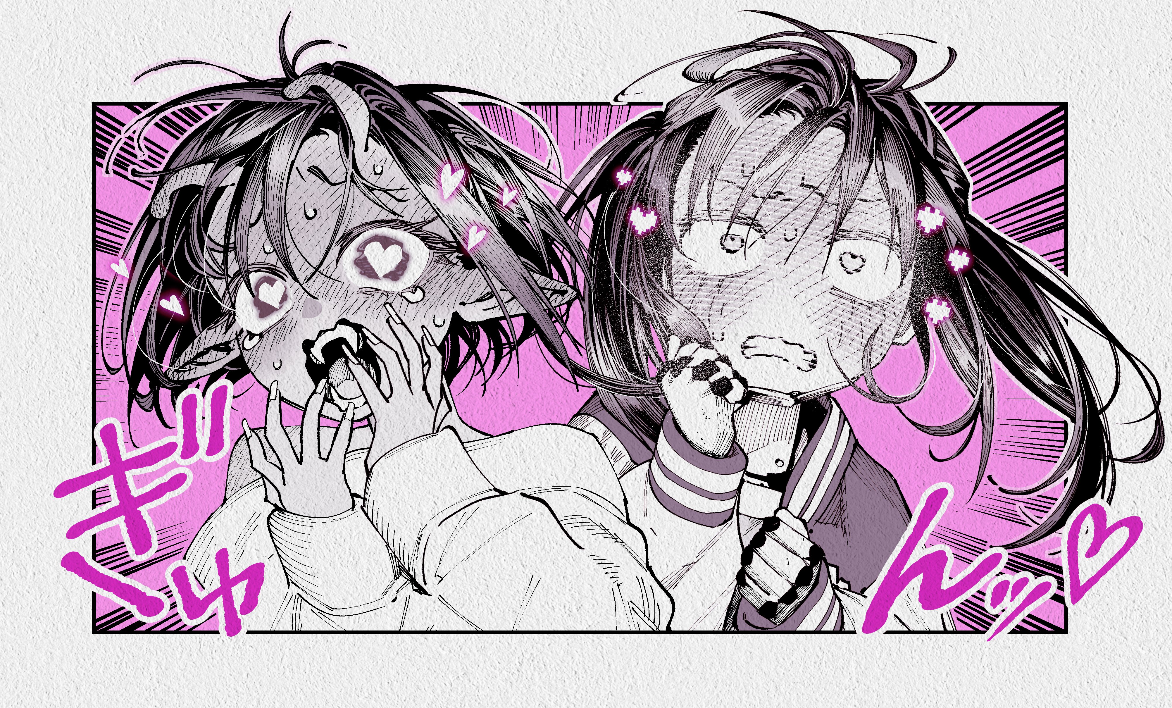 kujo chiharu, kurusu makina (milky galactic universe), milky subway, absurdres, commentary request, highres, 2girls, antennae, blush, clenched teeth, dashed eyes, eyelashes, fangs, fingernails, hair between eyes, heart, heart-shaped pupils, jacket, letterman jacket, long fingernails, long hair, long sleeves, monochrome, multiple girls, open mouth, pointy ears, robot girl, short hair, sound effects, su5ooo, sweat, symbol-shaped pupils, tears, teeth, upper body