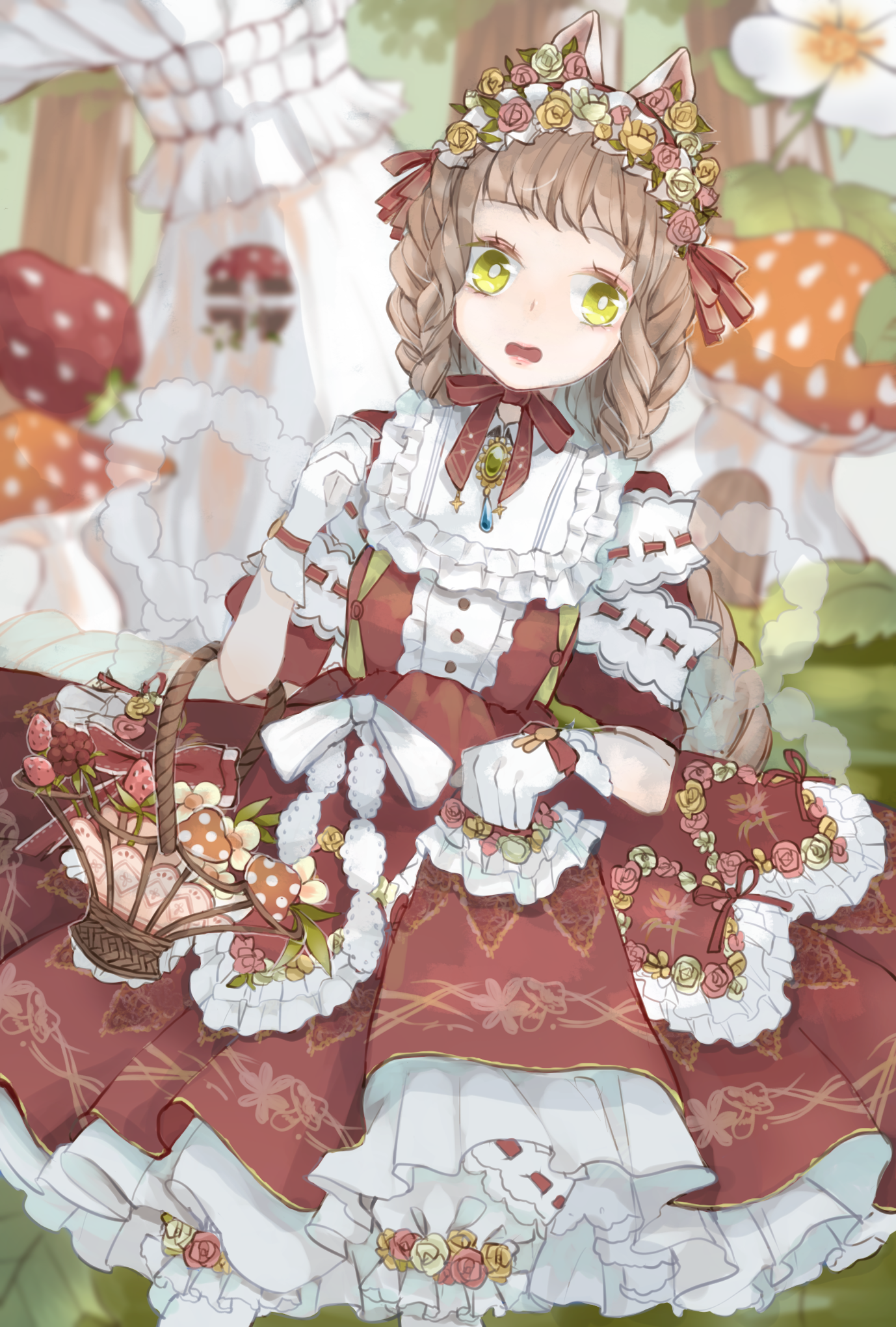 miracle nikki, nikki (series), chinese commentary, commentary request, highres, partial commentary, 1girl, animal ears, bib collar, bloomers, bow, bowtie, braid, bright pupils, brooch, brown hair, cat ears, center frills, collared dress, cowboy shot, day, dot nose, dress, dress bow, eyelashes, floral print, flower, forest, frilled dress, frilled hairband, frills, gloves, green eyes, hair flower, hair ornament, hair ribbon, hairband, happy, hat, house, jewelry, lolita fashion, lolita hairband, long hair, looking at viewer, low twin braids, mushroom, mushroom house (miracle nikki), nature, open mouth, outdoors, pink flower, pink rose, print dress, puffy short sleeves, puffy sleeves, red bow, red bowtie, red dress, red hairband, red ribbon, ribbon, ribbon-trimmed sleeves, ribbon trim, rose, short dress, short sleeves, skirt hold, smile, solo, standing, superchickentt, twin braids, underwear, white bloomers, white bow, white gloves, white pupils, white ribbon, yellow flower, yellow rose