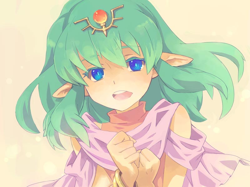 saikachi (ogre tree), tiki (fire emblem), tiki (young) (fire emblem), fire emblem, fire emblem: mystery of the emblem, nintendo, commentary request, 1girl, blue eyes, bracelet, colored eyelashes, gem, green hair, hands up, headpiece, jewelry, long hair, open mouth, pointy ears, purple scarf, red gemstone, scarf, sidelocks, solo, teeth, upper body, upper teeth only
